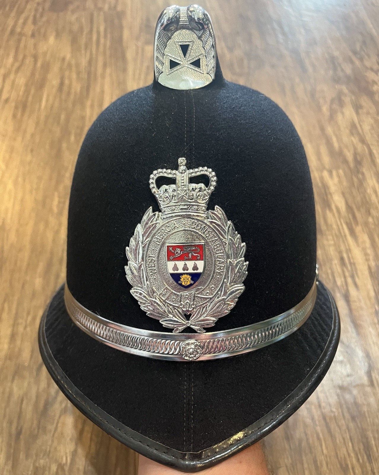 Vintage West Mercia British Bobby Police Helmet Hat Comb Top Cromwell