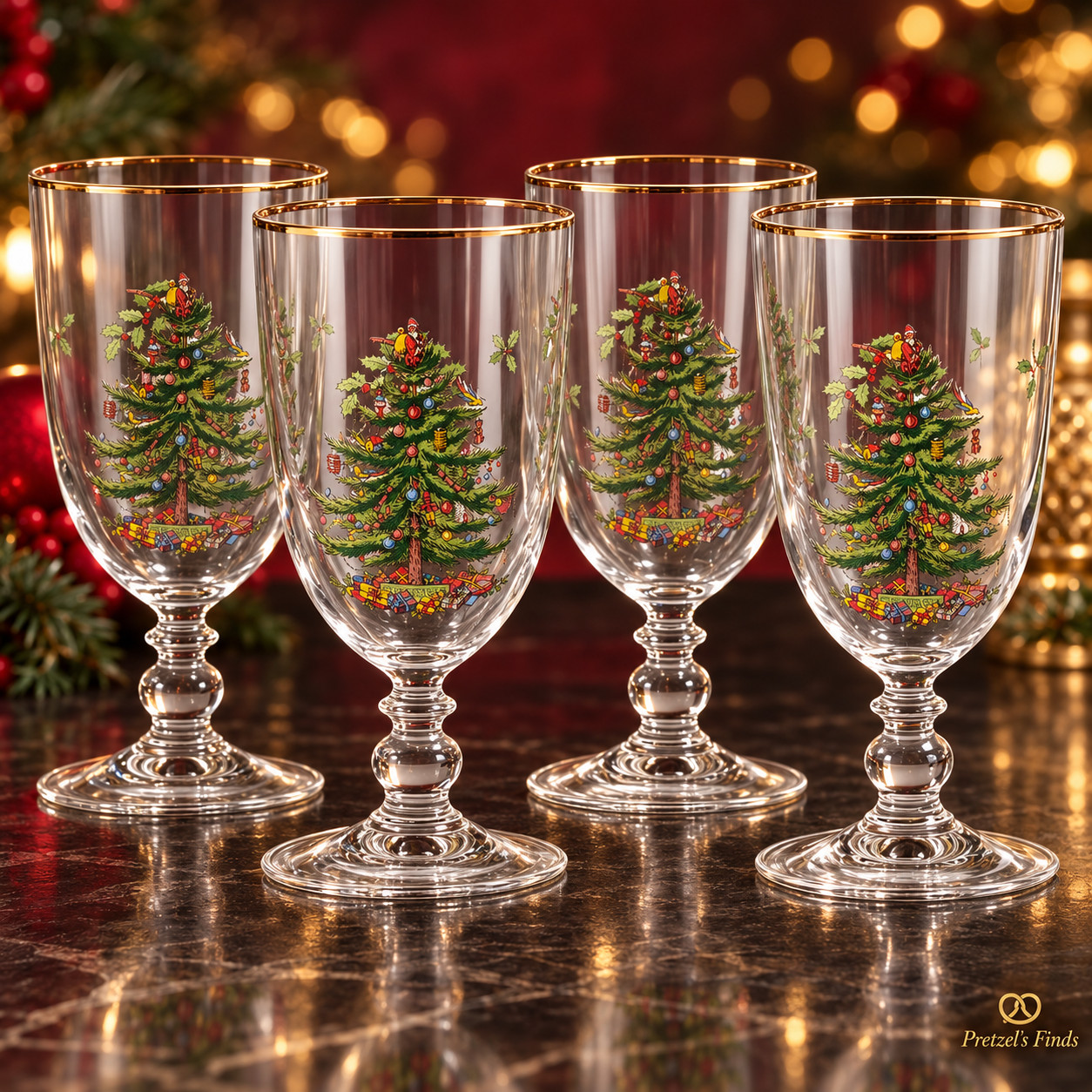 RARE SPODE CHRISTMAS TREE 22K GOLD RIM PEDESTAL GOBLETS SET 4 16OZ LUXURY DINING