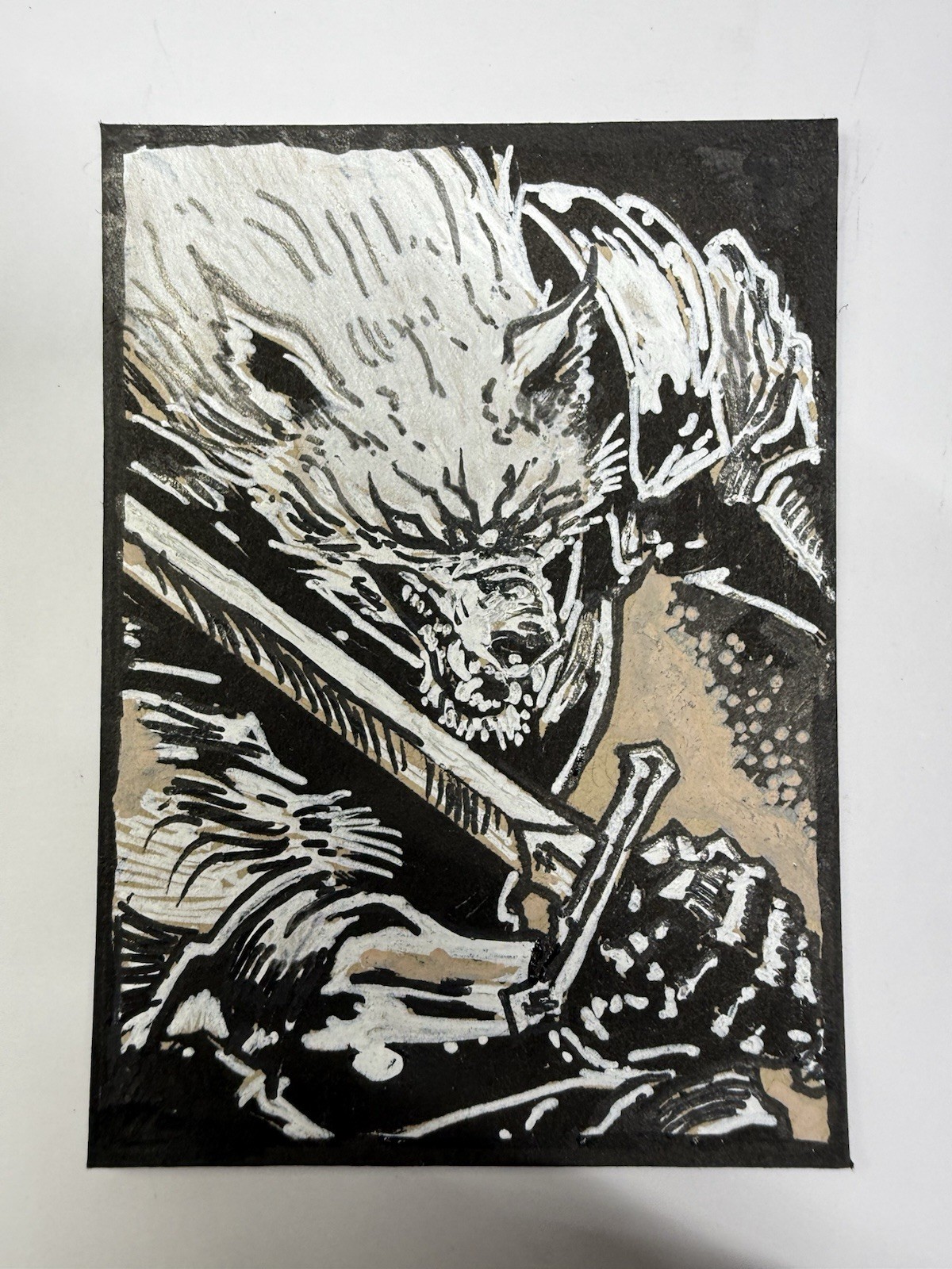 ACEO Original Art Wolf Knight Sword Dark Fantasy Gothic Ink Drawing