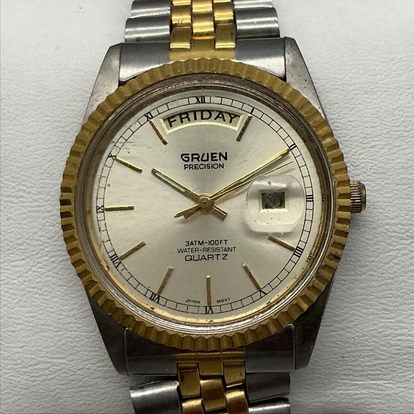 Gruen President Mens Watch 35mm Two Tone Day Date New Battery 7.75\