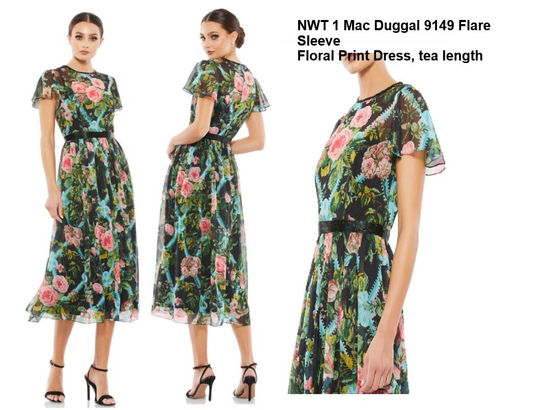 Mac Duggal 9149 Floral Illusion Cap Sleeve Midi Dress Size 14 NWT