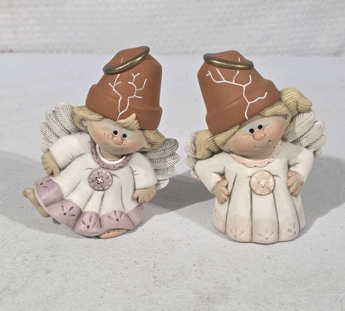 Vintage Cracked Crack Pot Angel Hand Painted Christmas Figurine Set of 2 Ceramic Vintage Cracked Crack Pot Angel Hand Painted Christmas Figurine Set of 2 Ceramic
