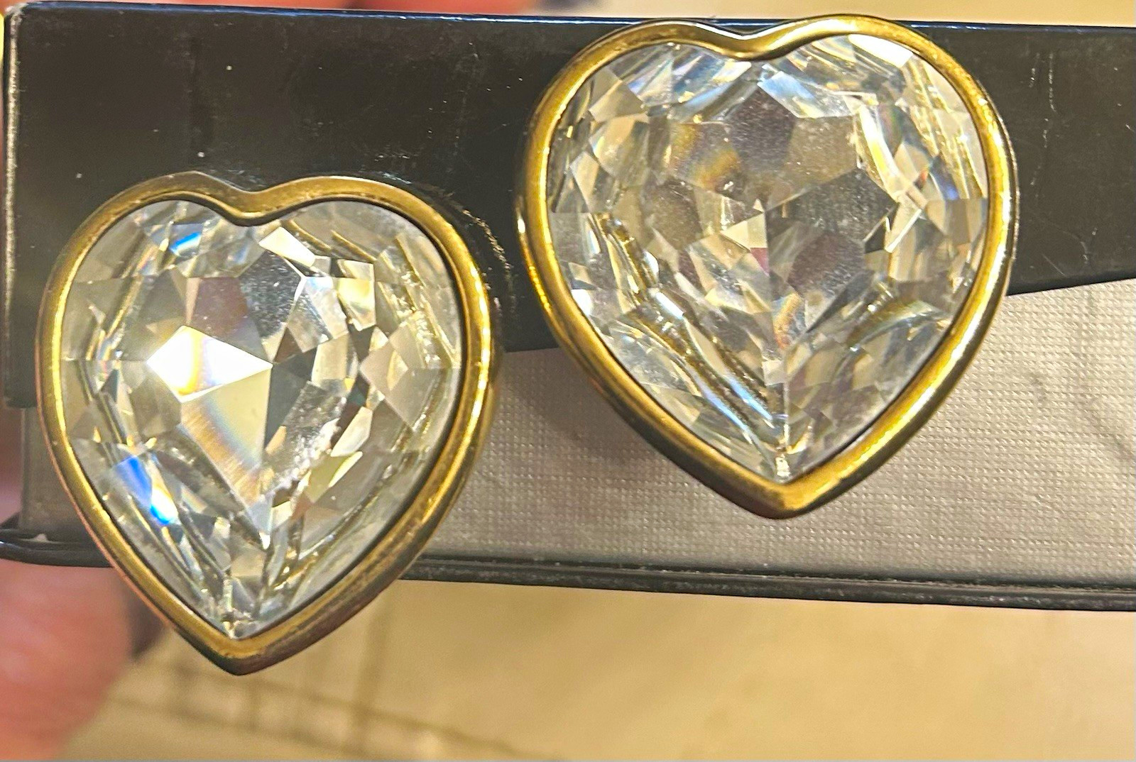 Vtg Christian Dior Signed Gold Tone Heart Clear Crystal Clip-On Earrings Vtg Christian Dior Signed Gold Tone Heart Clear Crystal Clip-On Earrings