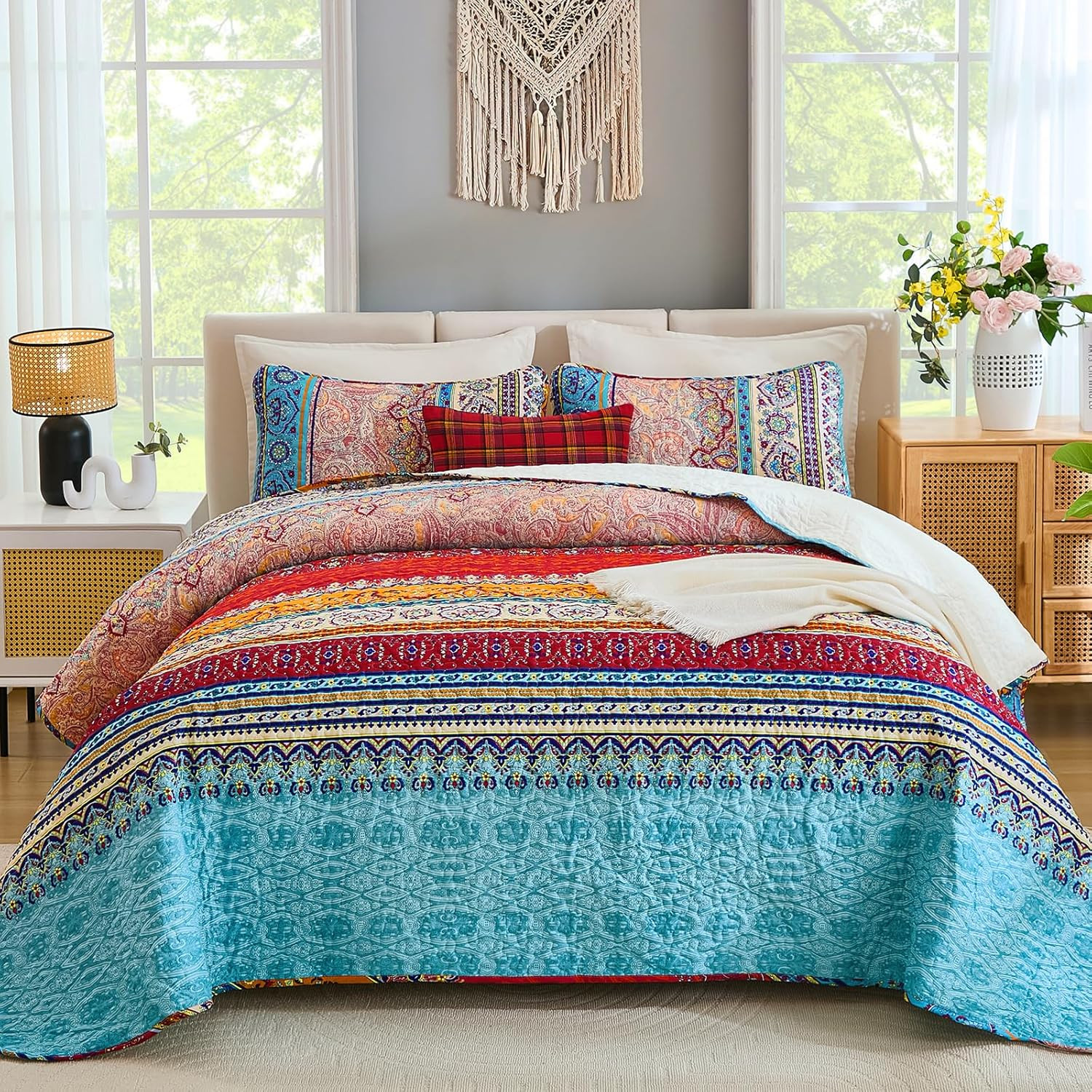 Super King Quilt Set, Boho Striped Plaid Bedspread, Blue Red