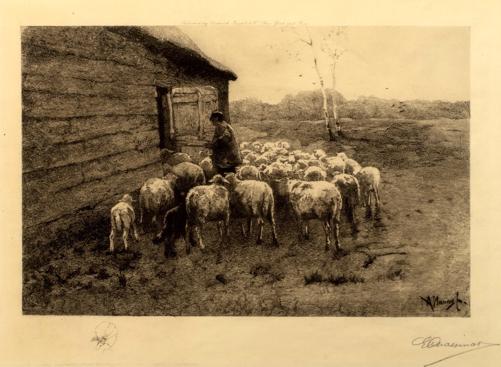Antique Dutch Etching After Anton Mauve (1838-1888) A Shepherd with His Flock Antique Dutch Etching After Anton Mauve (1838-1888) A Shepherd with His Flock