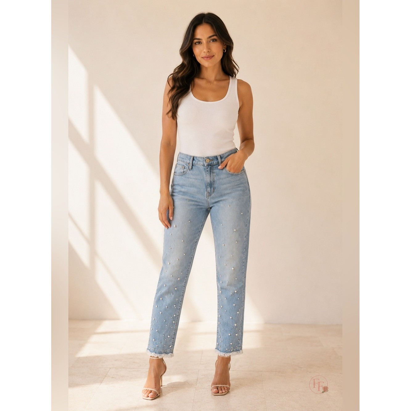 NWT FRAME Le High Straight Pearl Jeans 32 Double Frayed Hem Embellished Denim