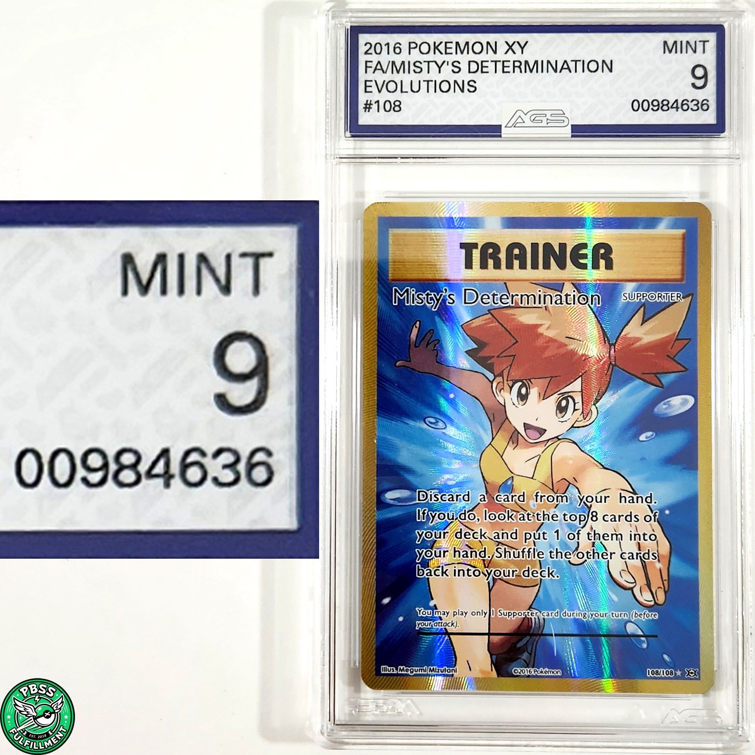 Pokemon TCG Misty\'s Determination 108 Full Art Holo 2016 Evolutions AGS 9 MINT
