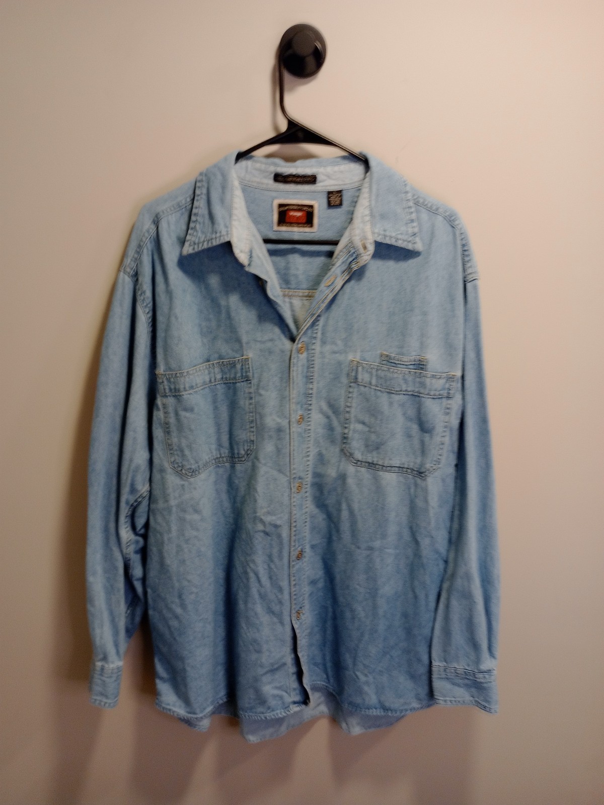 Vintage 90s Wrangler Hero Denim Shirt Mens L Light Wash Blue Workwear Western