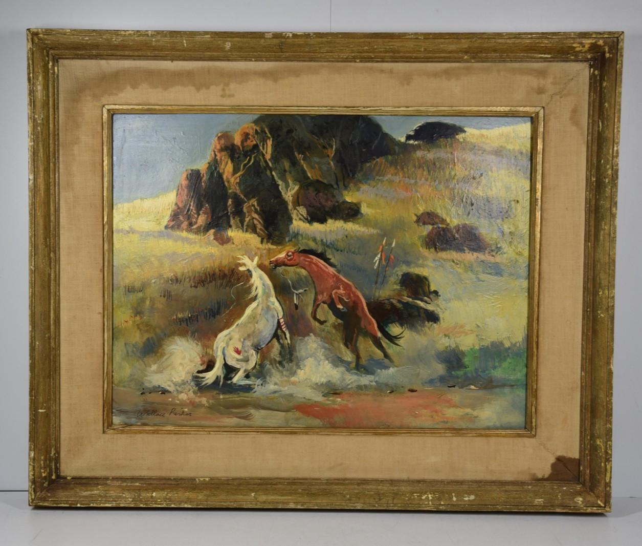 Vintage Art Painting Wild Mustangs Native American Southwest Original W Parker