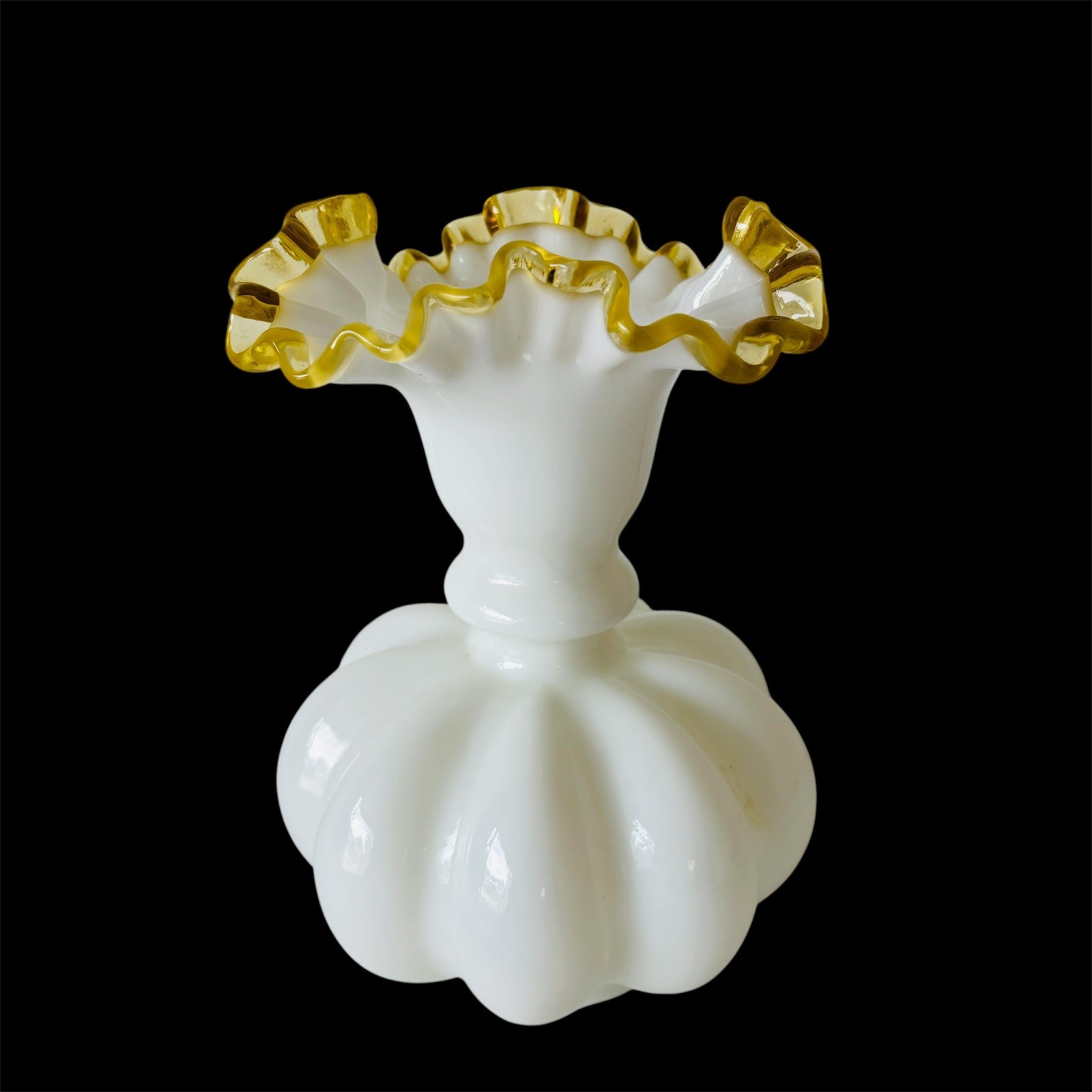 Fenton Art Glass Gold Crest Ruffled Milk Glass Melon Vase 8 Fenton Art Glass Gold Crest Ruffled Milk Glass Melon Vase 8
