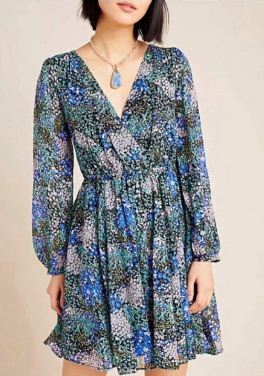 Maeve by Anthropologie Floral Chiffon Smocked V-Neck Mini Dress, S