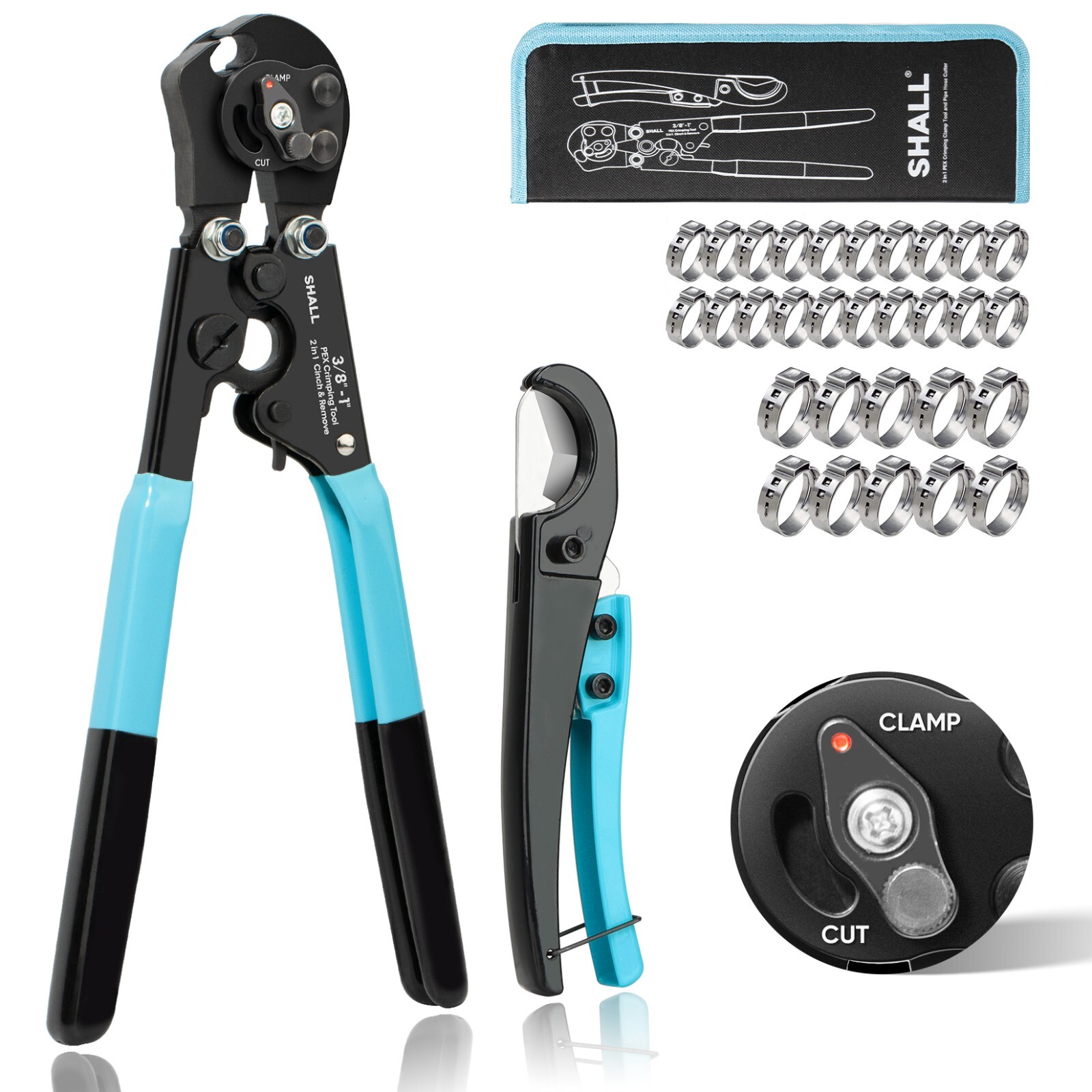 SHALL 2-IN-1 Pex Crimping Clamp Cinch & Remove Tool with Pipe Hose Cutter SHALL 2-IN-1 Pex Crimping Clamp Cinch & Remove Tool with Pipe Hose Cutter