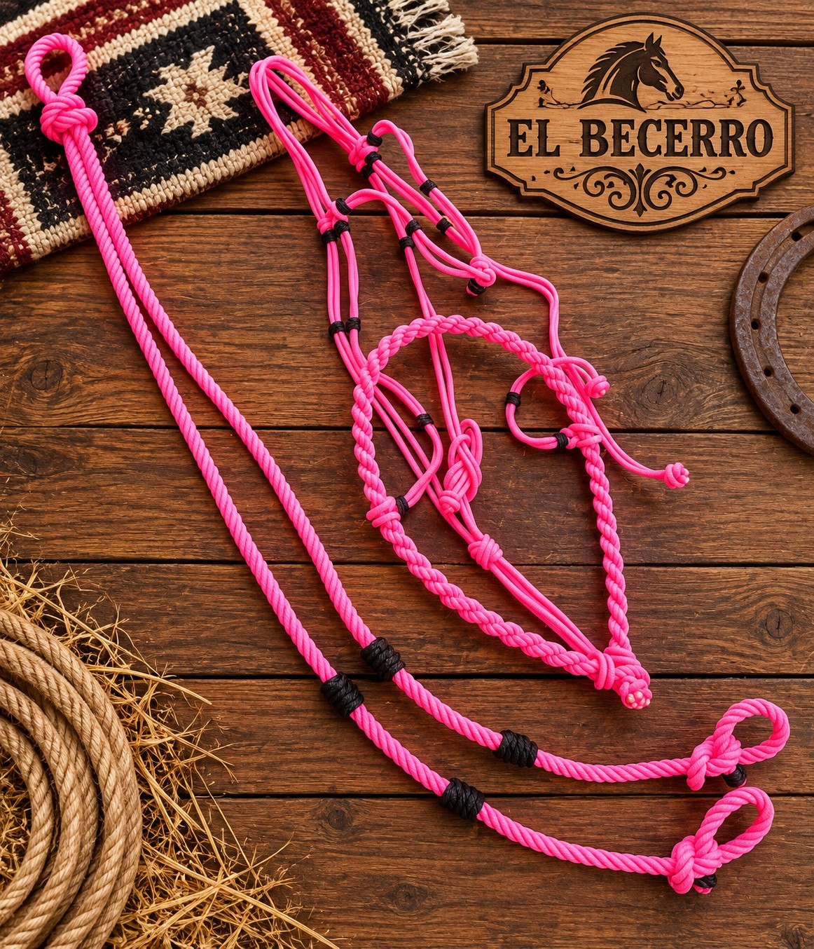 Bosal Riendas Rosa/Negro Charras Pink/Black Horse Halter/Lead Rope