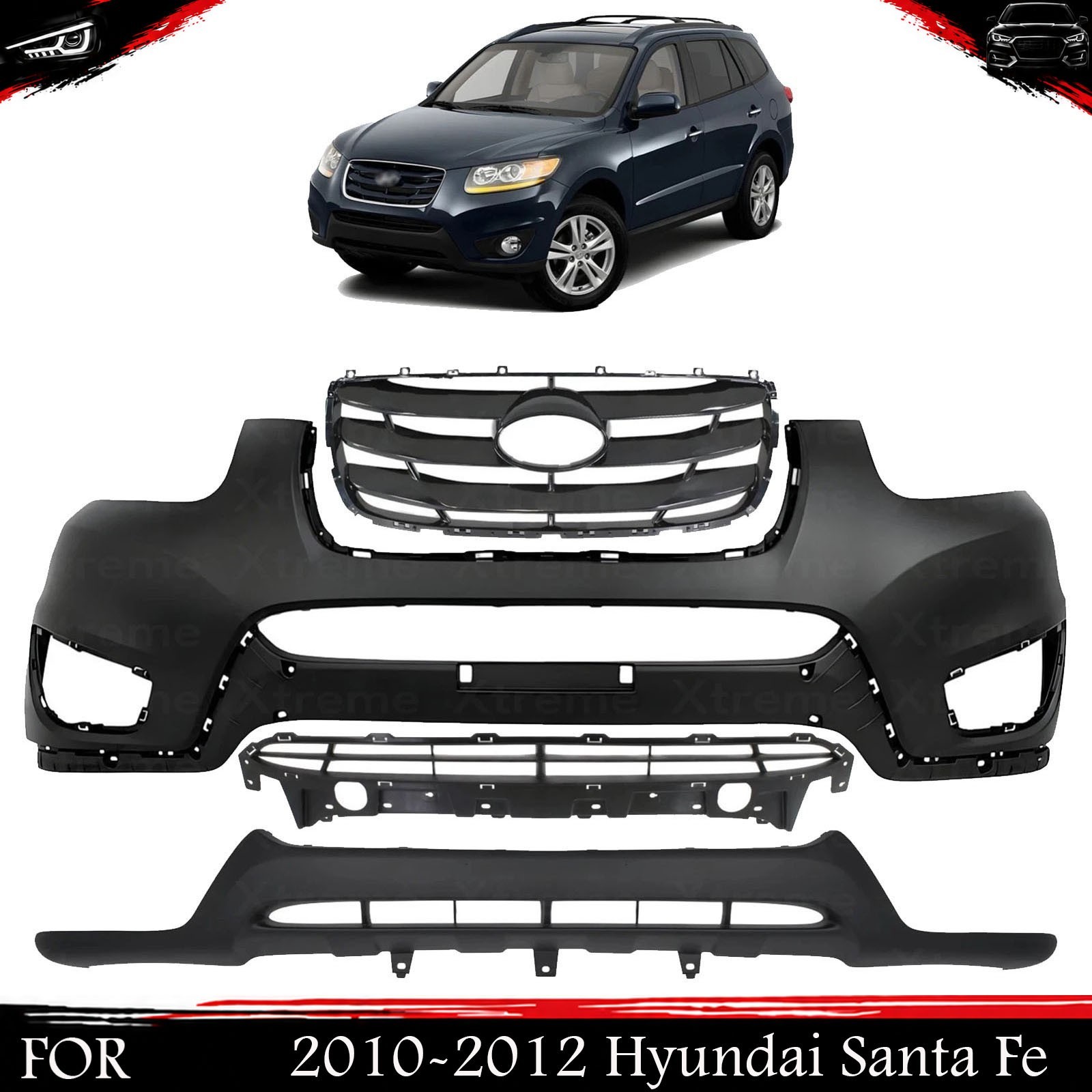 Front Bumper Cover Primed & Lower Valance For 2010-2012 Hyundai Santa Fe