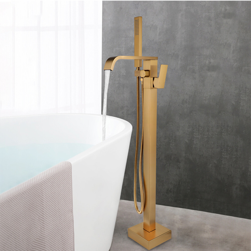 Bathtub Faucet Floor Mounted Brushed Gold Free Standing Mixer Tub Tap