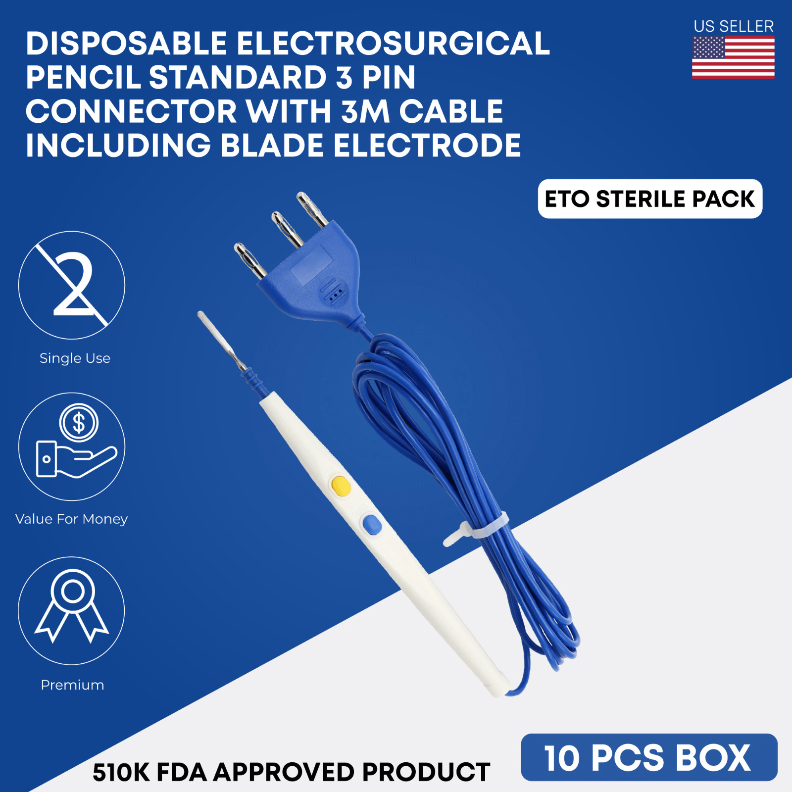 Diathermy ESU Cautery Electrosurgical Pencil with Blade Electrode Box of 10 Pcs