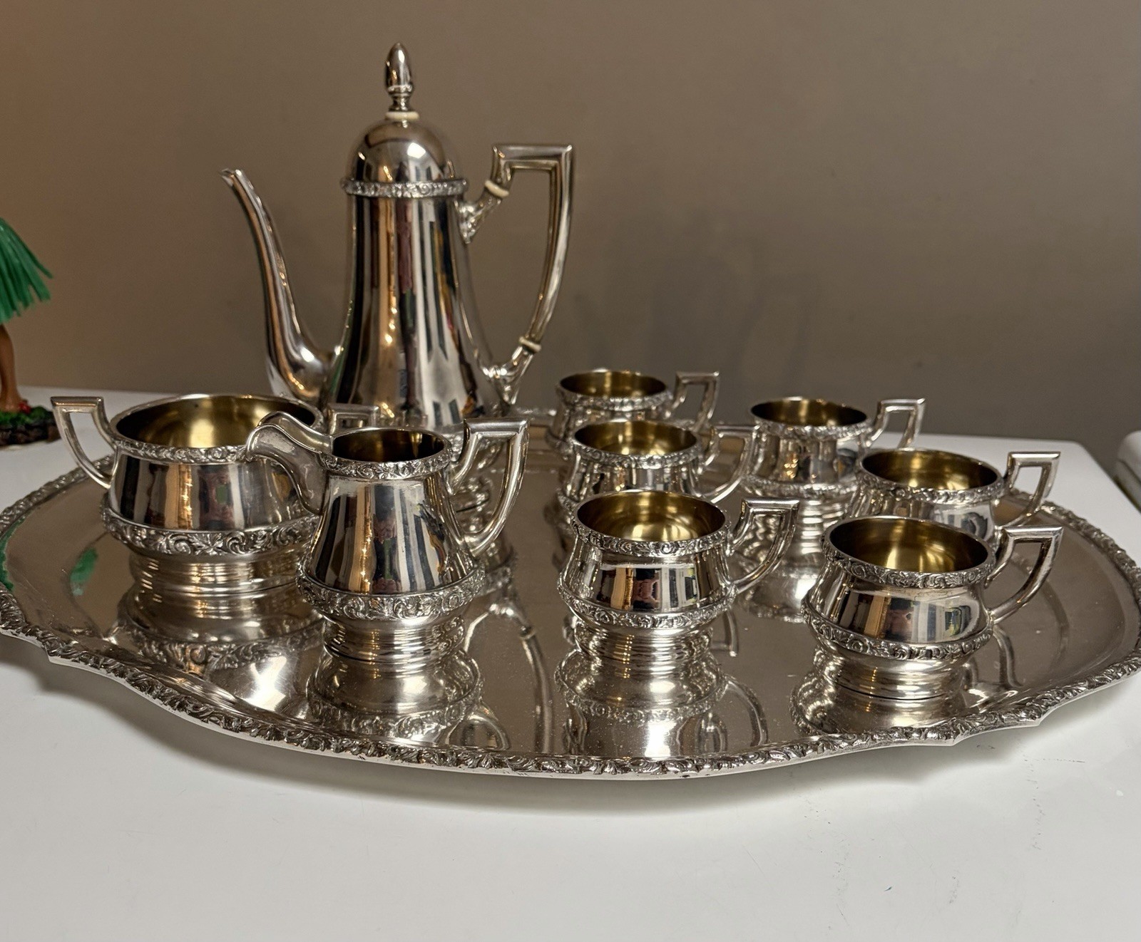 Antique Austrian Hungarian 800 Silver Tea Set 10 pcs Head Diana Hallmark gilded