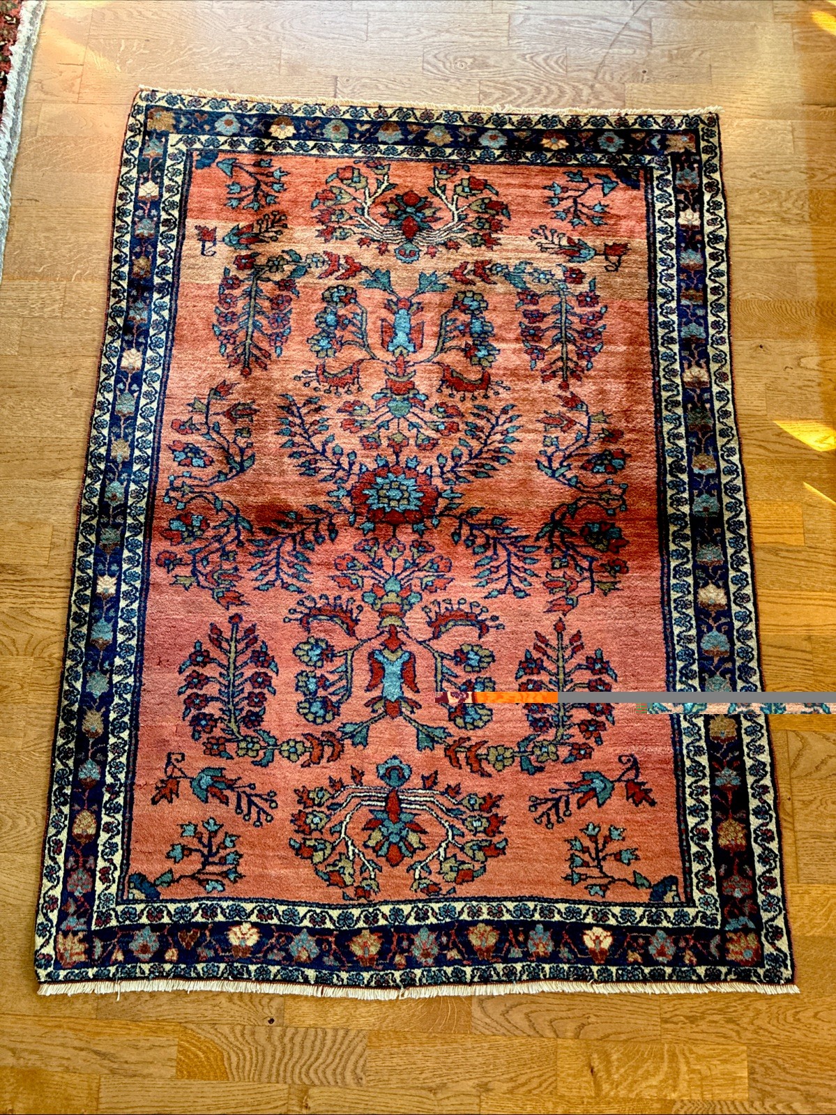 3 X 5 ANTIQUE SAROUK MOHAJERAN RUG Coral Sky & Navy Blue Ivory Bronze