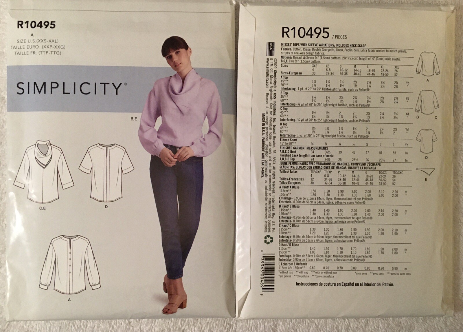 Simplicity Pattern R10495/9108 Misses' Tops w/ Sleeve Variations & Scarf XXS-XXL