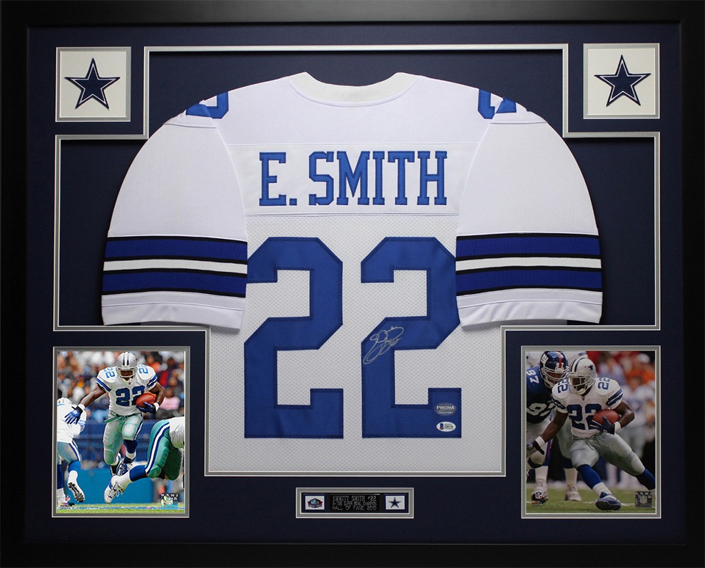 Emmitt Smith Autographed & Framed White Cowboys Jersey Auto Beckett Certified