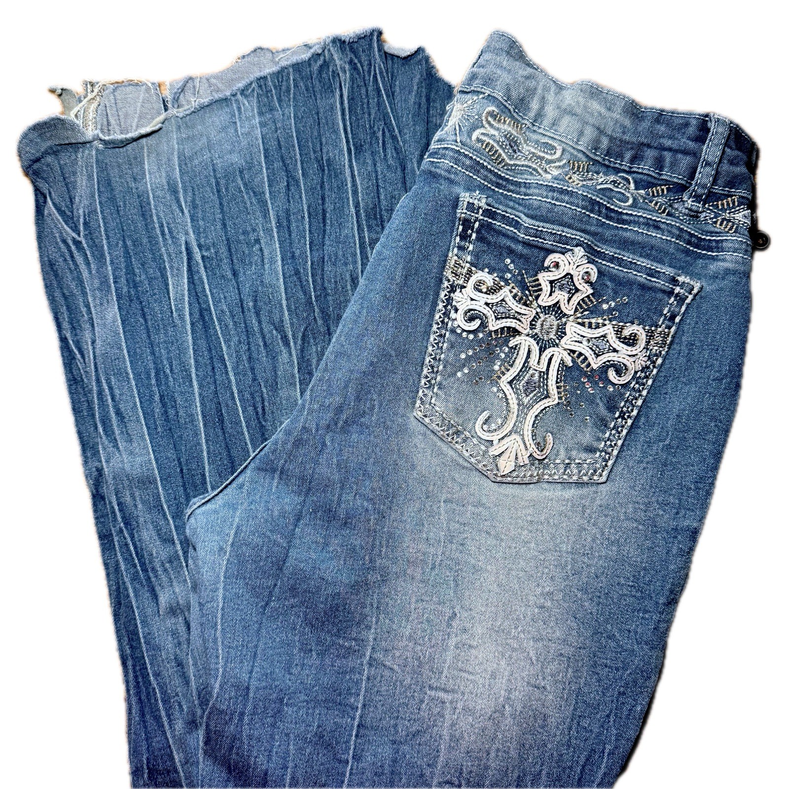 Unique ROMWE Faded Flare Jeans Rhinestone Pockets Embroidered Y2K Grunge