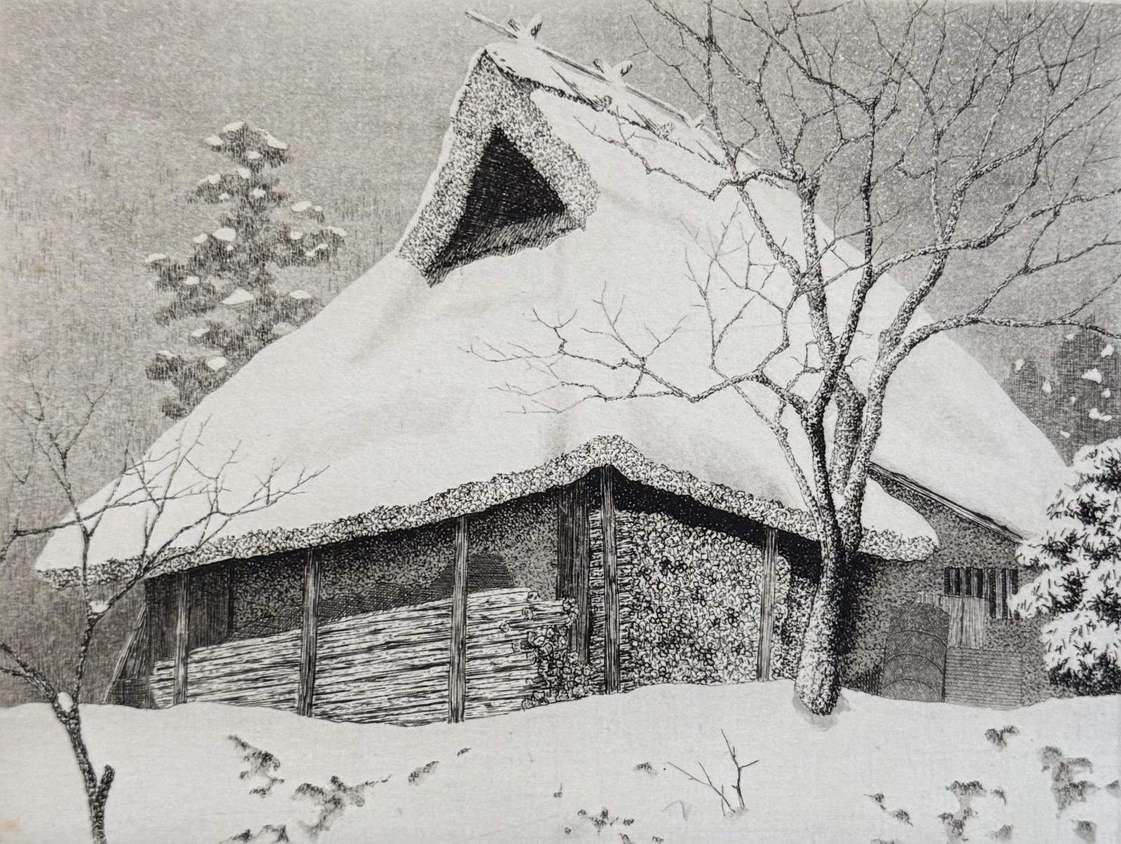Ryohei Tanaka Snowy Thatched Roof No.2 1982 Etching Signed 72/150 #031