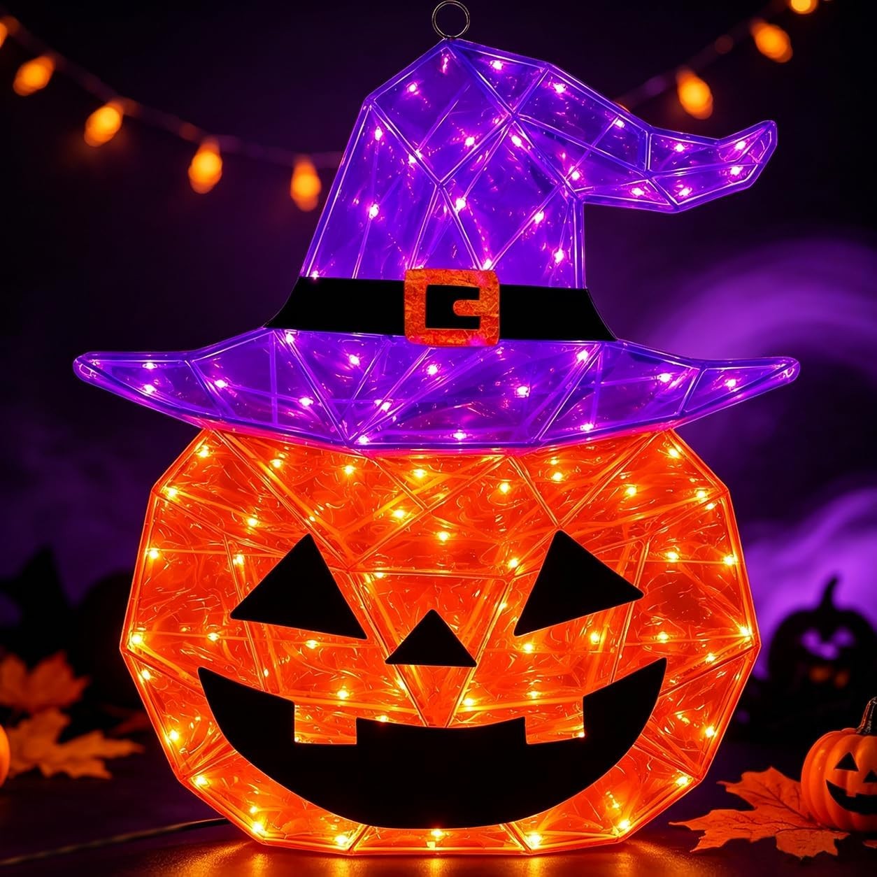 24 Inch Pre-Lit Halloween Pumpkin with Purple Witch Hat