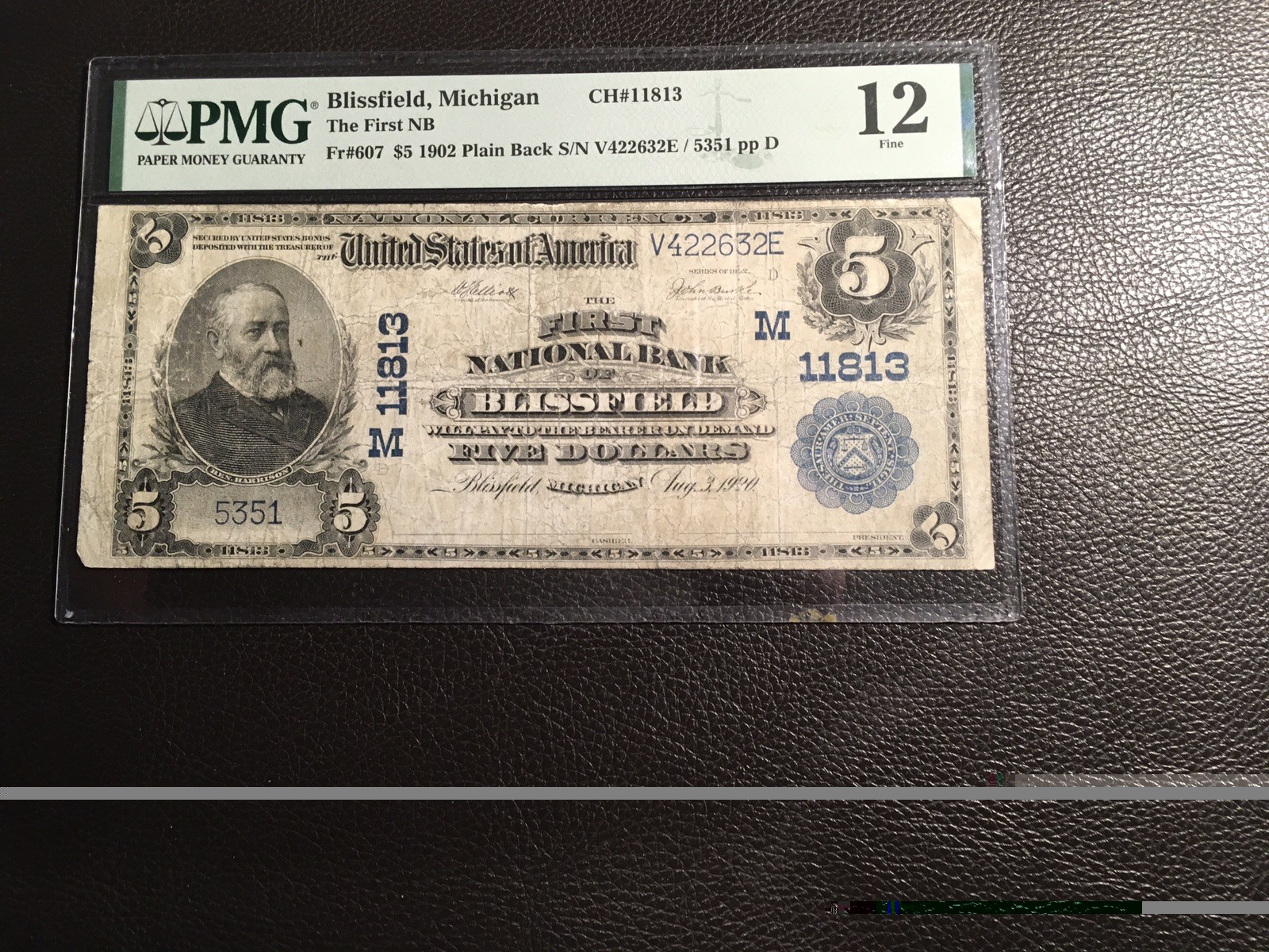 5.00 1902 National Blissfield Michigan PMG 12 Fine 5.00 1902 National Blissfield Michigan PMG 12 Fine