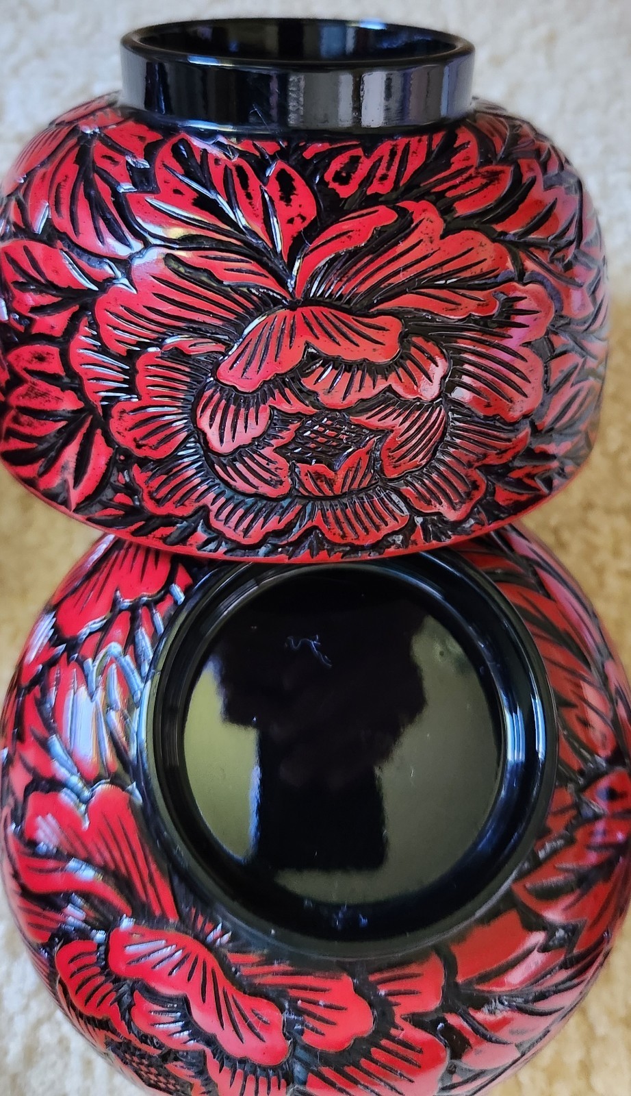 Vintage Japanese Kamakura Bori Carved Lacquer 5 Bowls Red Black Peony MINT 