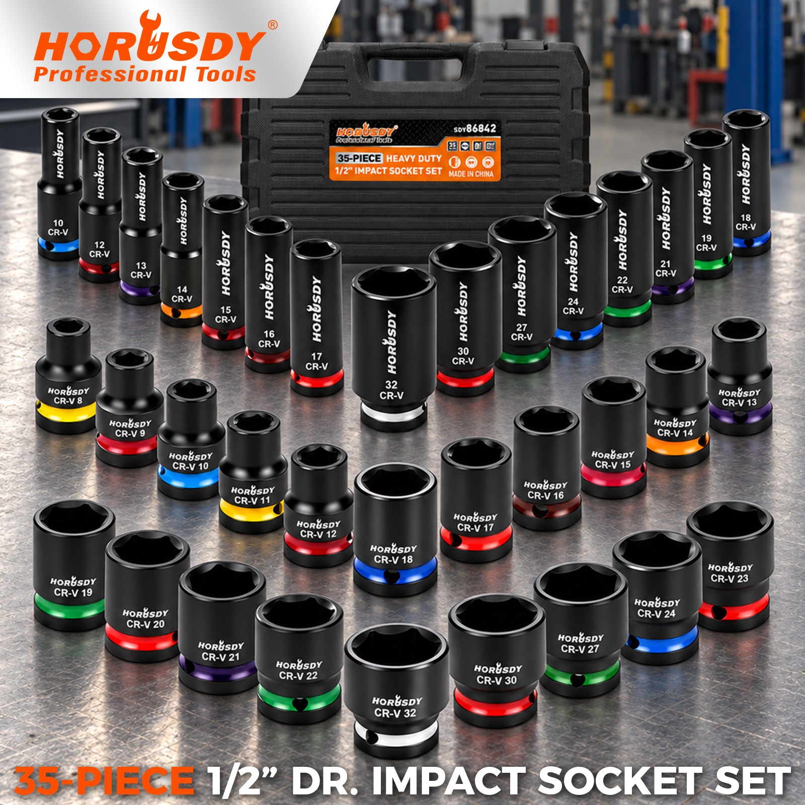 35PC Impact Socket Set Deep & Standard 1/2 inch Drive Metric CR-V 8-32mm 6-Point