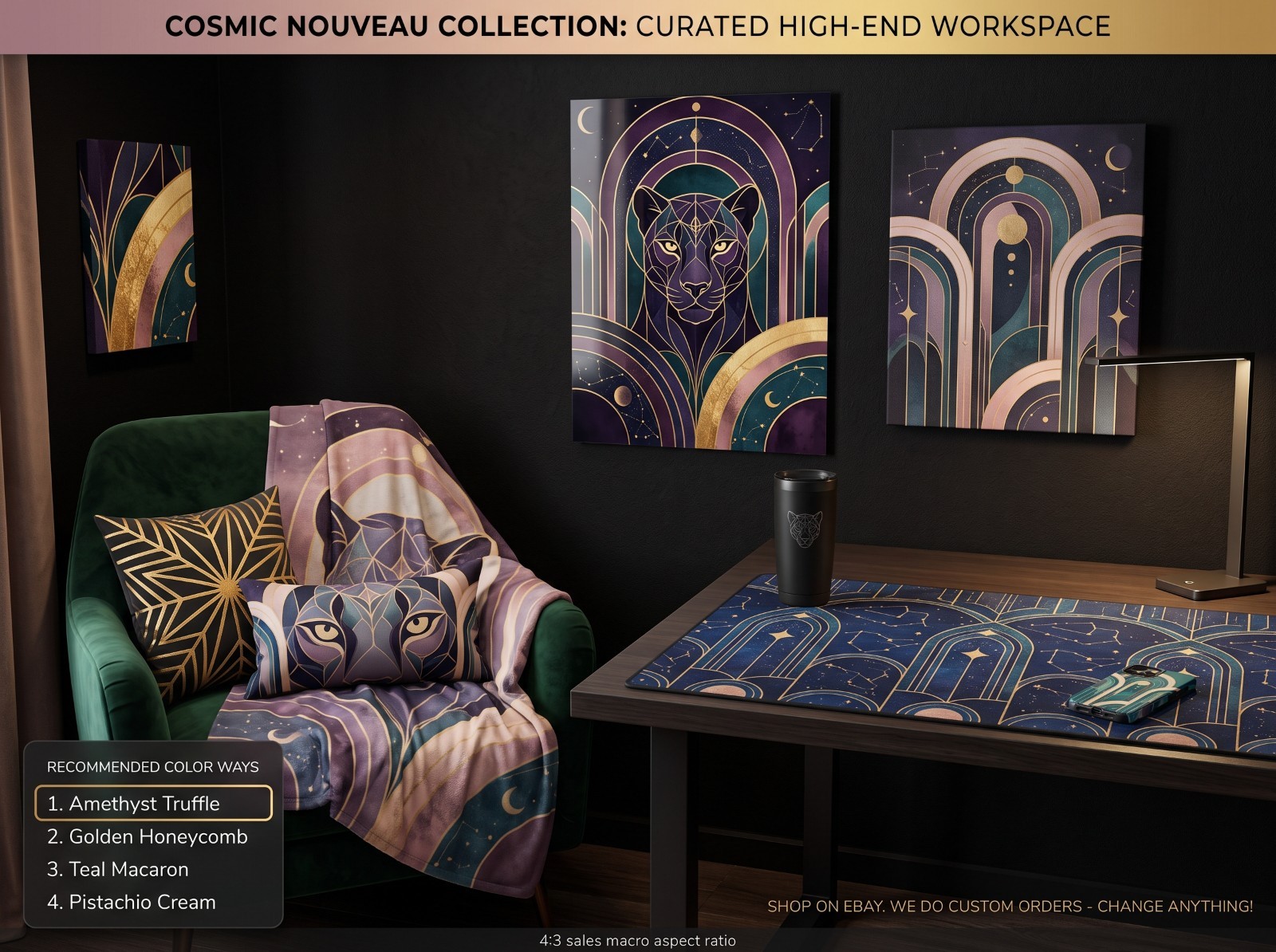 Art Deco Panther Cosmic Nouveau Workspace | Amethyst Purple & Gold Desk Setup