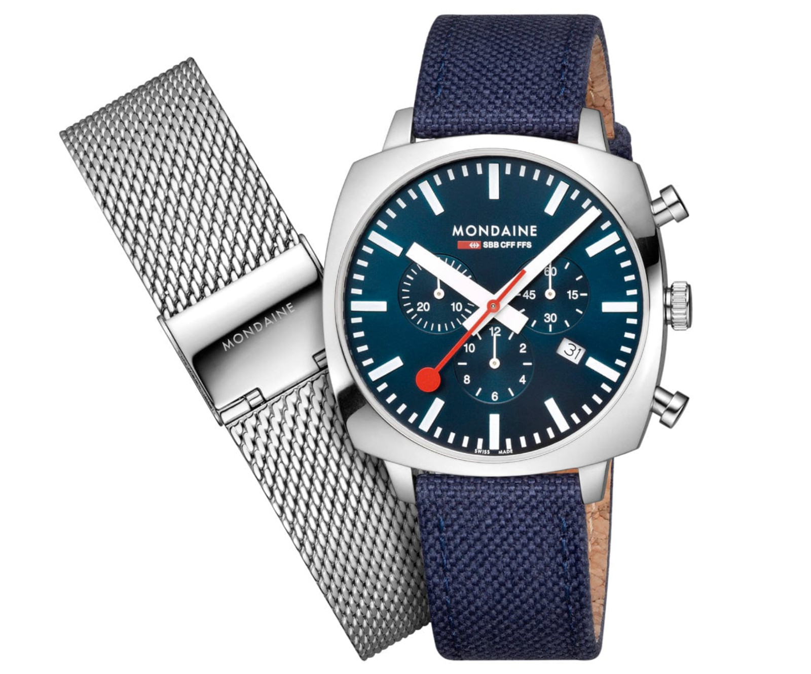 Mondaine Swiss Made Chronograph 41mm Blue Cushion Case Sapphire Crystal Watch