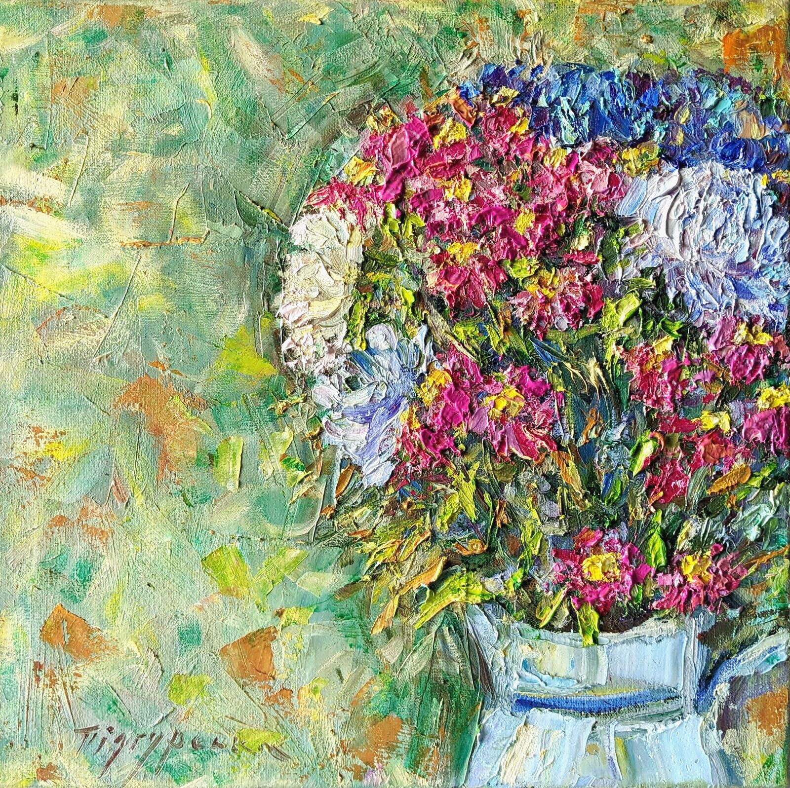 Impasto Oil Painting Colorful Autumn Bouquet Textured Floral Wall Art 12x12\