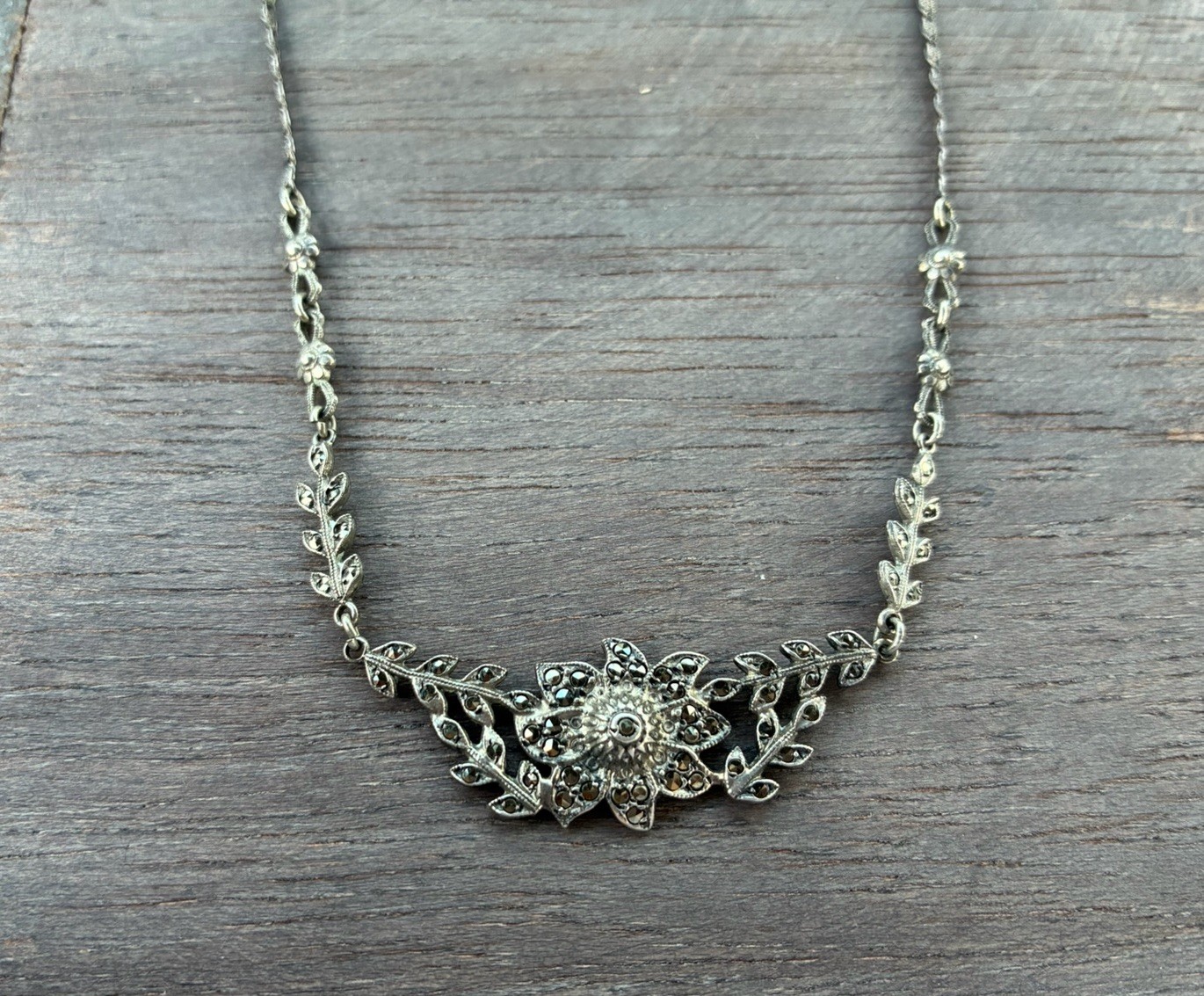 Antique art deco sterling silver flower marcasite fancy link necklace Antique art deco sterling silver flower marcasite fancy link necklace