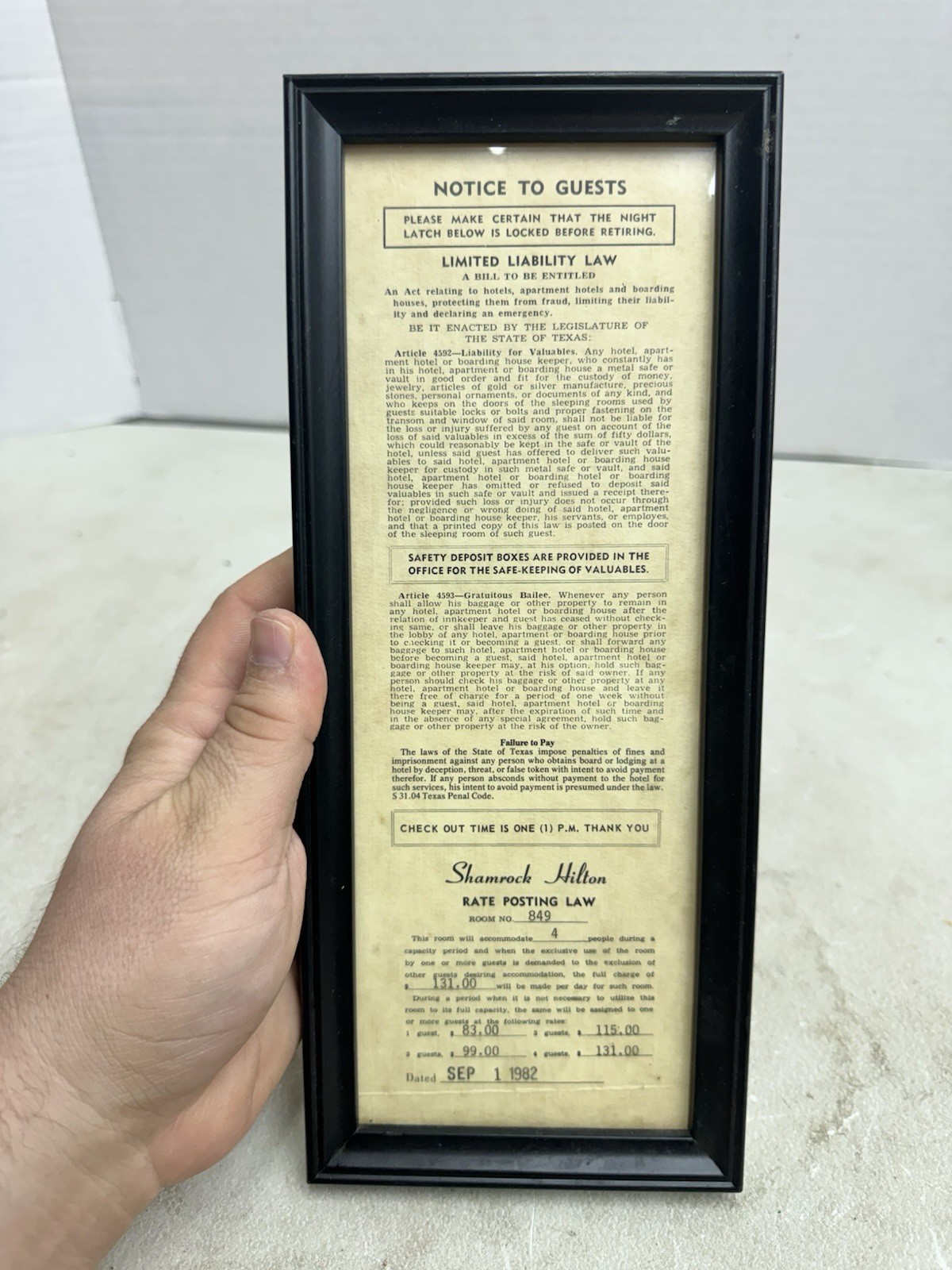 Vintage Shamrock Hilton Hotel Room Rates & Policies Framed Door Sign Houston TX 