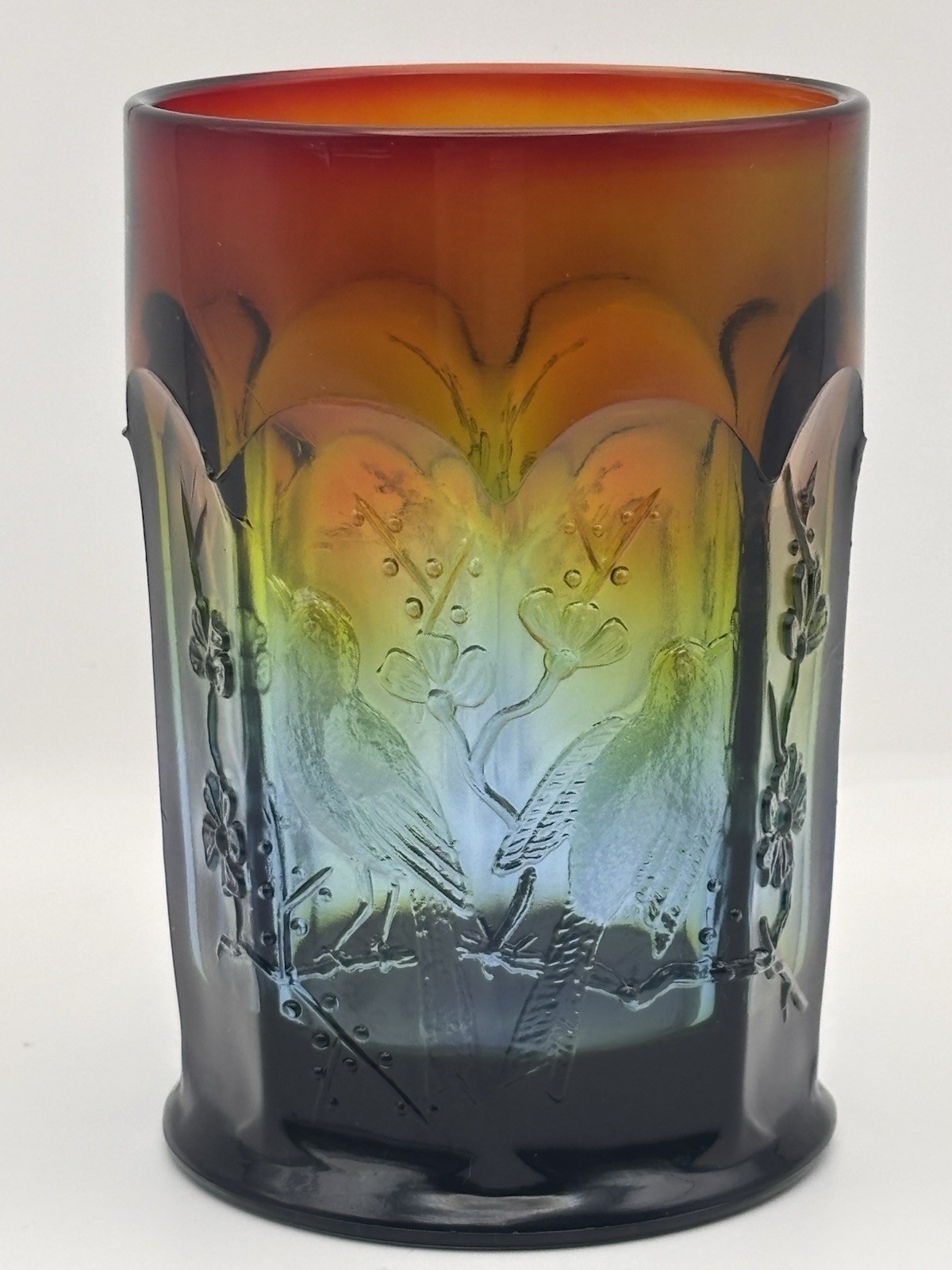 Antique Northwood Singing Birds Tumbler Rubina Verde Red Green Blue Multi Glow