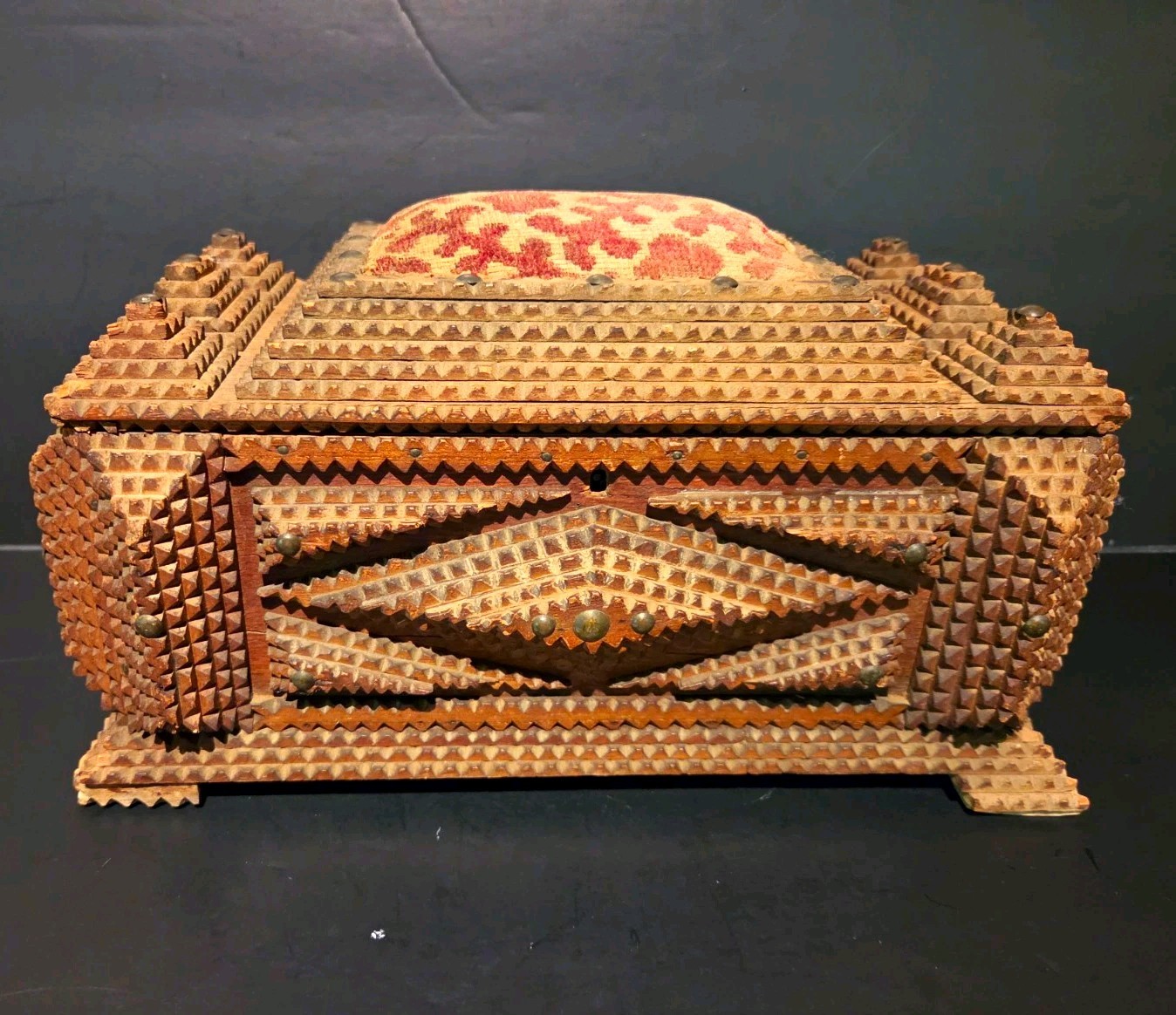 Antique Tramp Art Hinged Wooden Box w/ Latch Antique Tramp Art Hinged Wooden Box w/ Latch