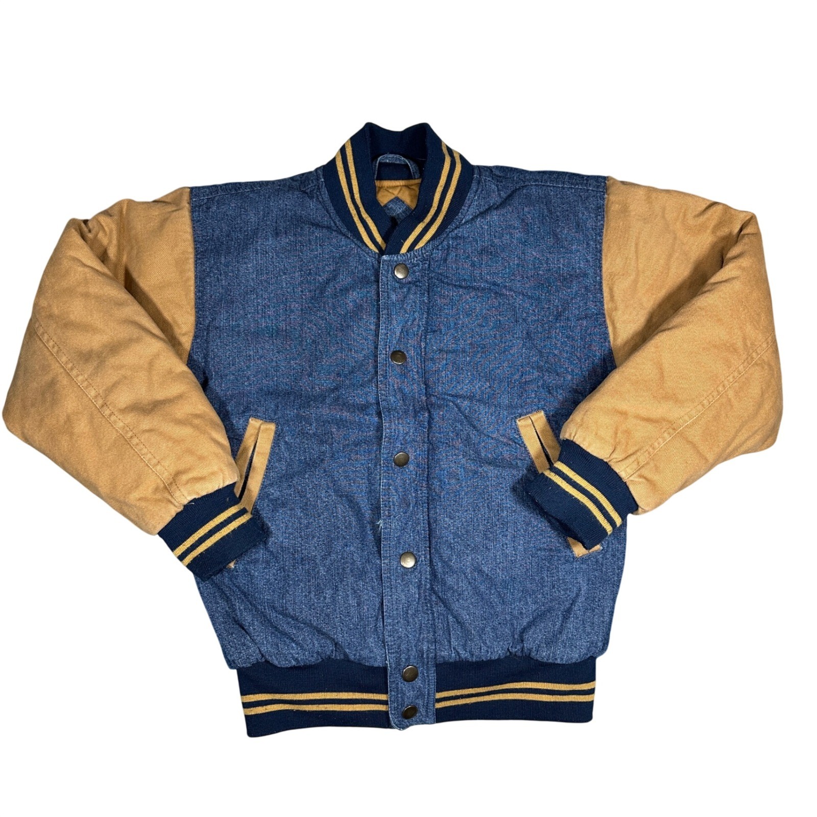 Vintage Outlooks Blue Denim Tan Canvas Varsity Bomber Jacket Small Striped Trim Vintage Outlooks Blue Denim Tan Canvas Varsity Bomber Jacket Small Striped Trim
