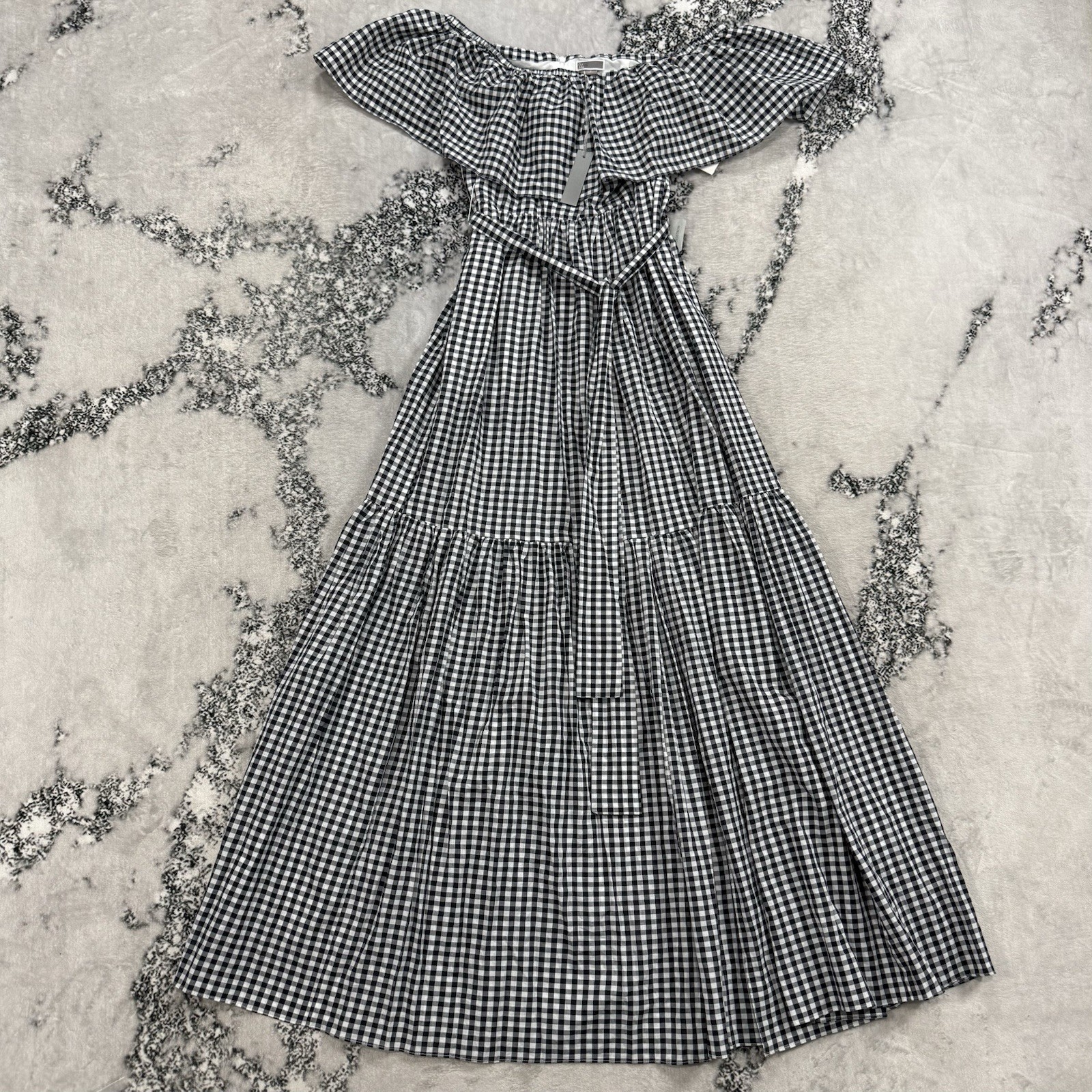 Chelsea28 Gingham Dress Womens 6 Off Shoulder Midi Black White Tiered Summer Chelsea28 Gingham Dress Womens 6 Off Shoulder Midi Black White Tiered Summer
