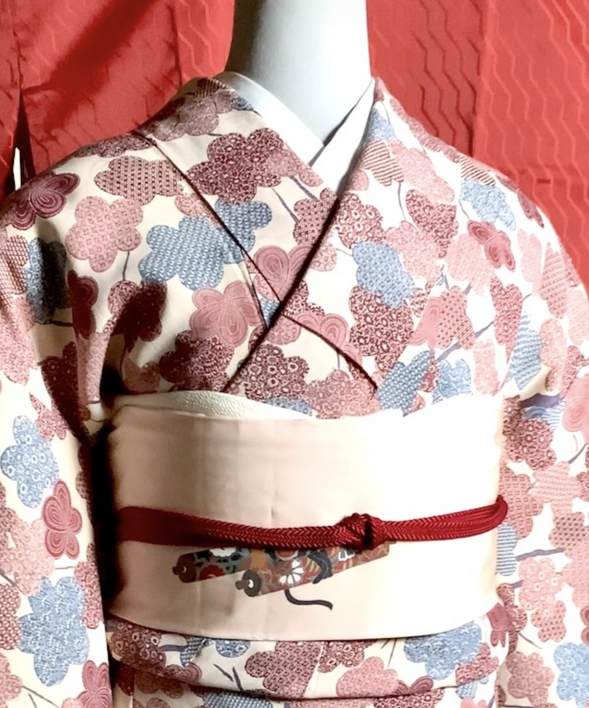 Vintage Japanese Kimono Set with Rain Coat, Nagoya Obi & Accessories – 5 Pieces