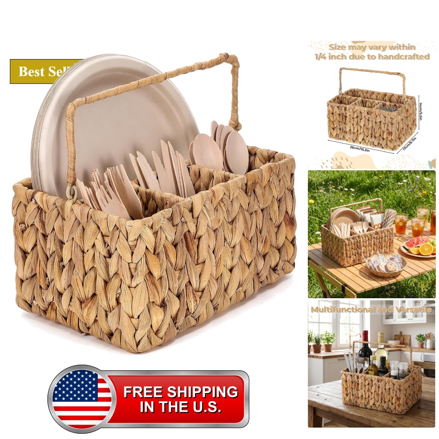 Wicker Utensil Caddy, 10.2×6.7×5.5 Inch Water Hyacinth Silverware Basket