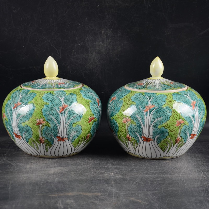 A pair Chinese Qing Qianlong Famille Rose Porcelain Cabbage Pattern Pot 6.3\