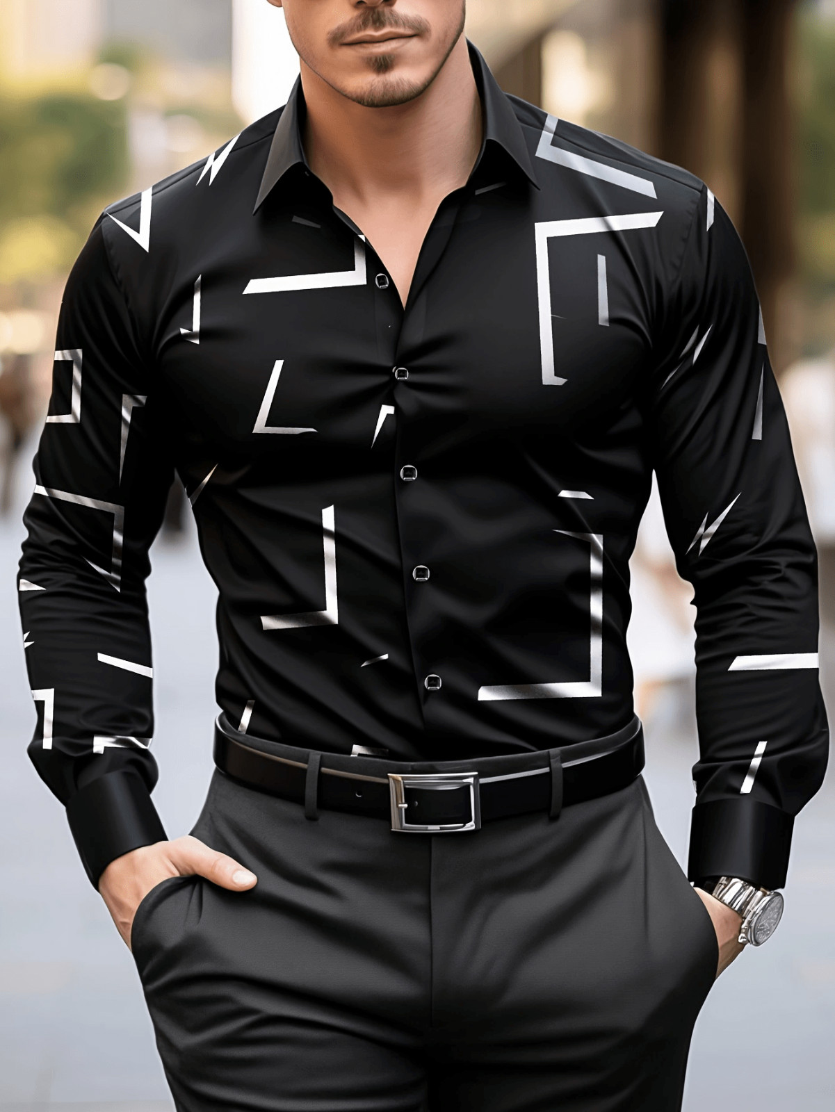 Camisa Negra de Hombre Estampada Camisas Elegantes Casuales Formales Manga Larga