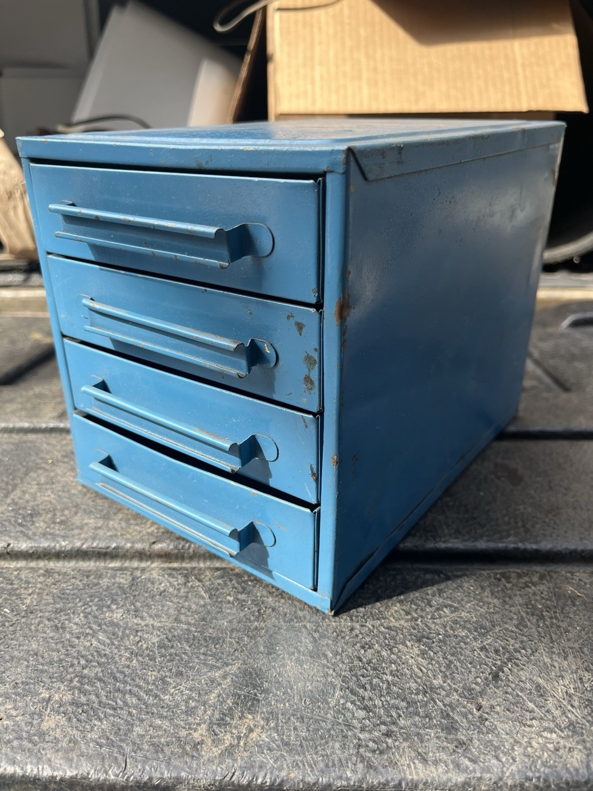Vtg. Metal 4 Drawer Blue Steel Industrial Small Parts storage Organizer Cabinet Vtg. Metal 4 Drawer Blue Steel Industrial Small Parts storage Organizer Cabinet