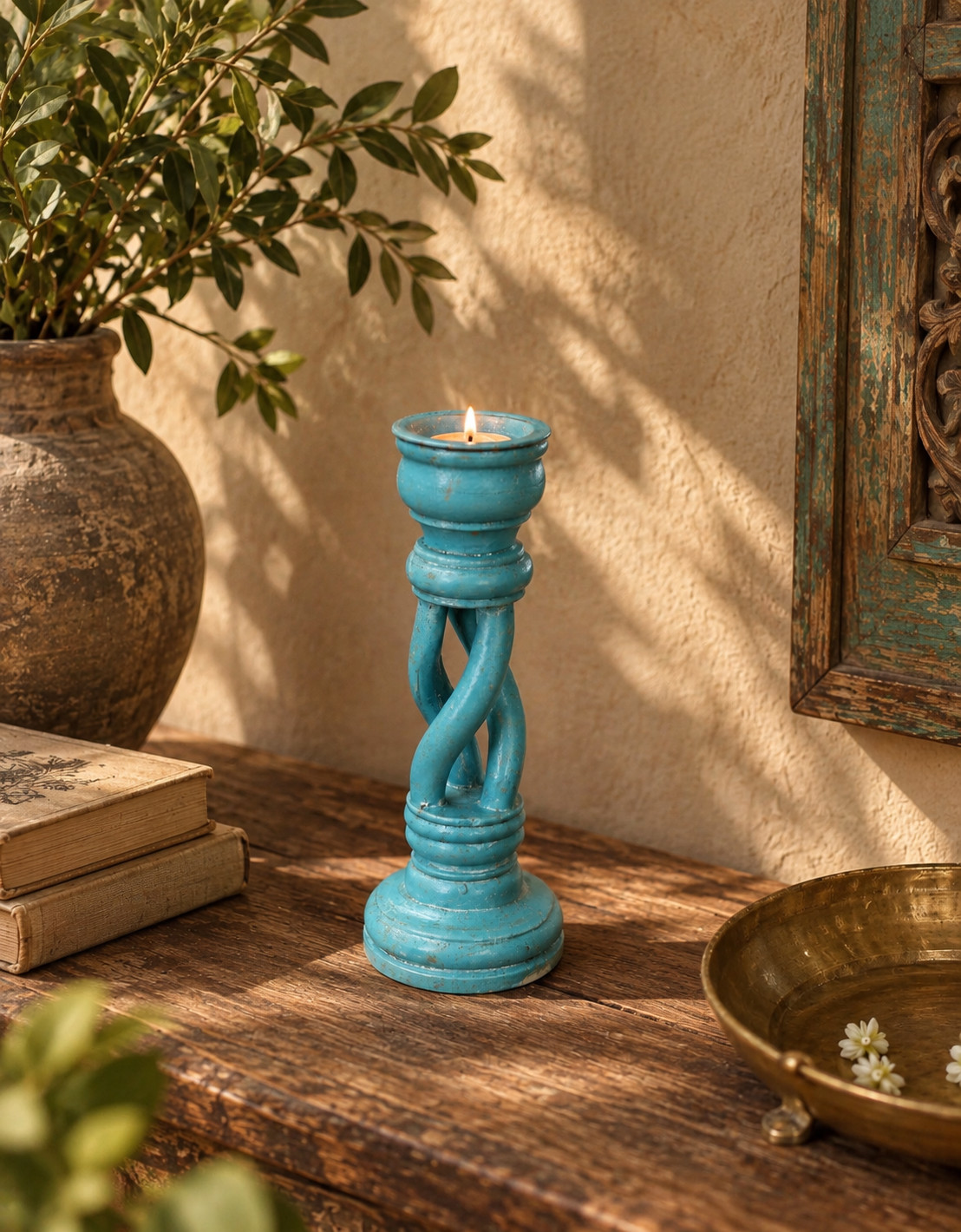 Turquoise Blue Wooden Candle Holder Handcrafted Twisted Carved Rustic Boho Decor