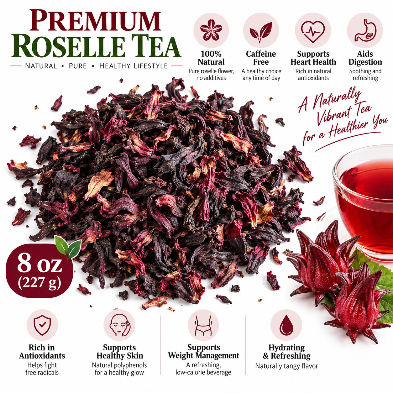 8 OZ Premium Roselle Flower Tea Dried Hibiscus Herbal Tea Caffeine Free 8 OZ Premium Roselle Flower Tea Dried Hibiscus Herbal Tea Caffeine Free