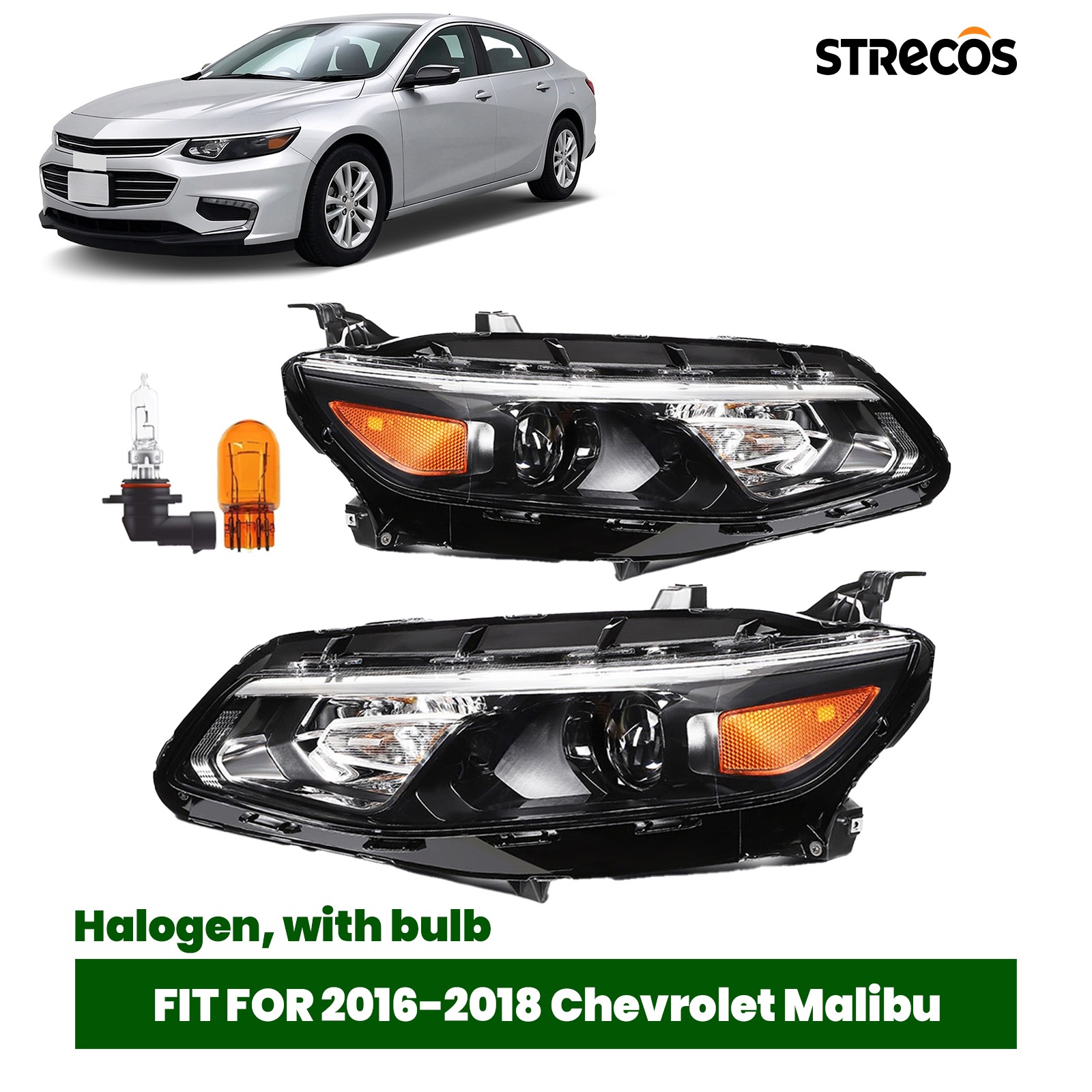 For 2016-2018 Chevy Malibu Halogen Headlight Assembly Black with bulb LH+RH Pair For 2016-2018 Chevy Malibu Halogen Headlight Assembly Black with bulb LH+RH Pair
