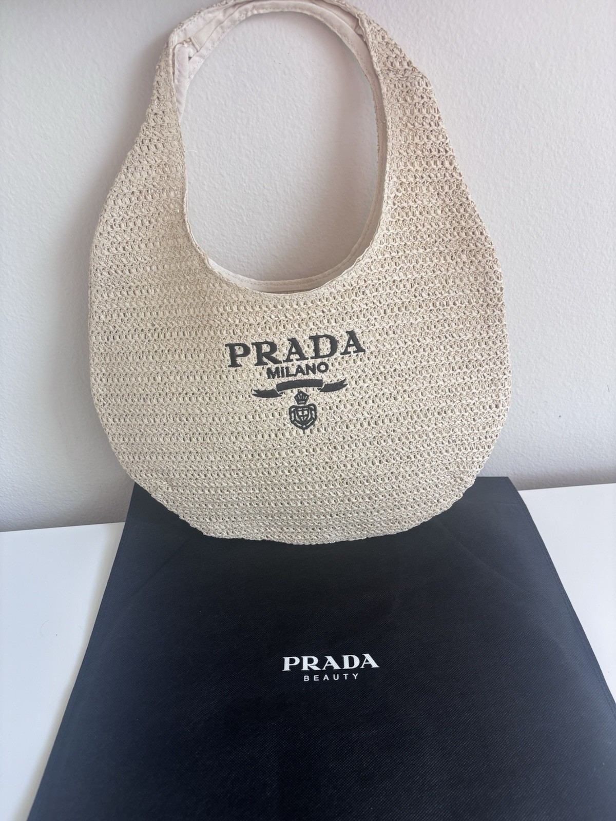 PRADA Beauty Paradigme Beige Raffia Tote Prada Milano Logo Beige w/dust Bag GWP PRADA Beauty Paradigme Beige Raffia Tote Prada Milano Logo Beige w/dust Bag GWP