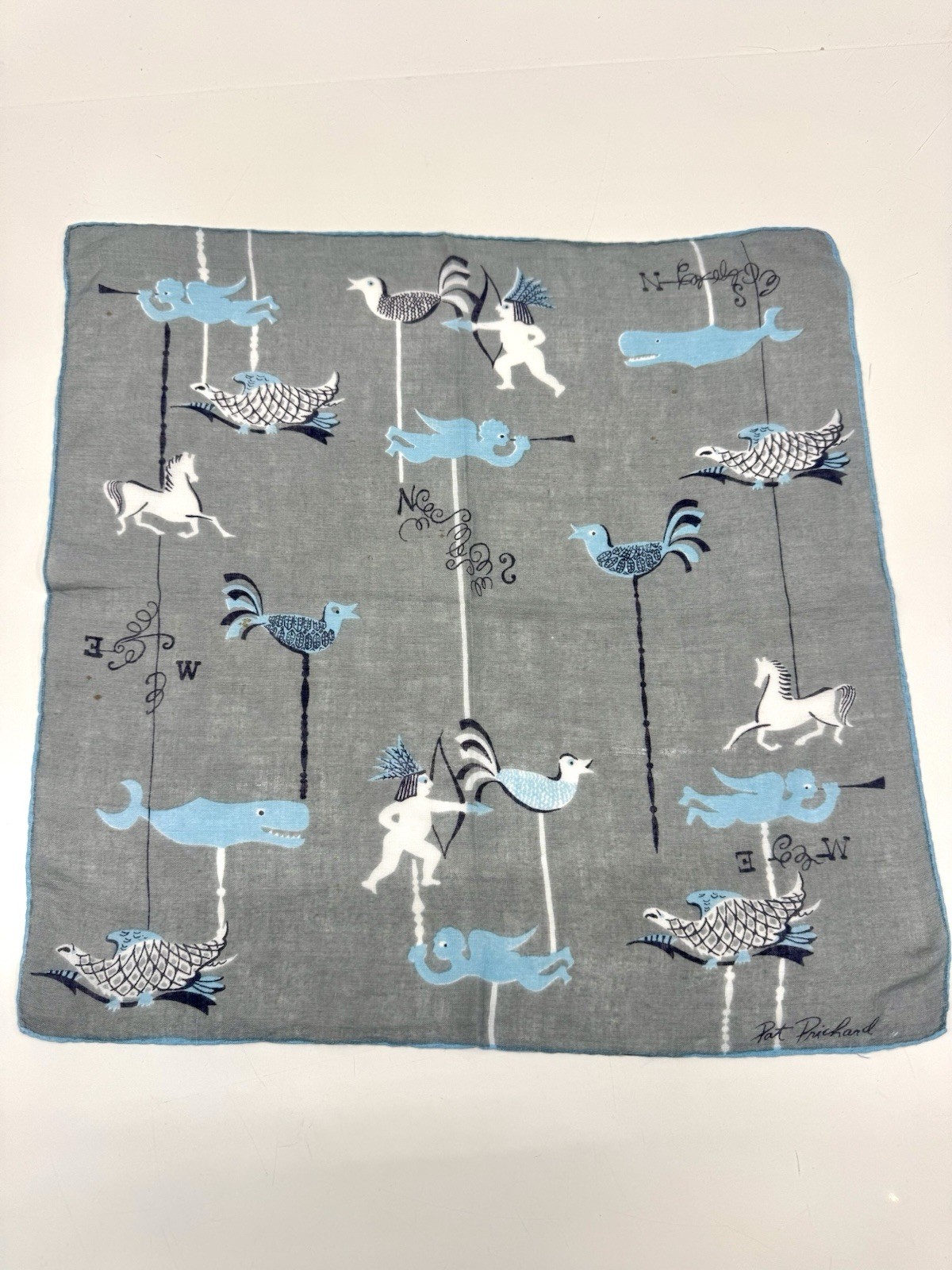 Vtg Pat Prichard Fine Cotton Handkerchief MCM Fabric Designer 1950\'s Blue Gray