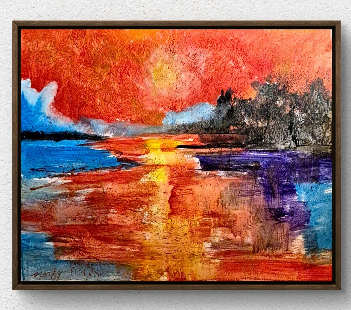 Original Abstract 16x20 Acrylic Sunset Pond Canvas Signed Warm Home Decor C069